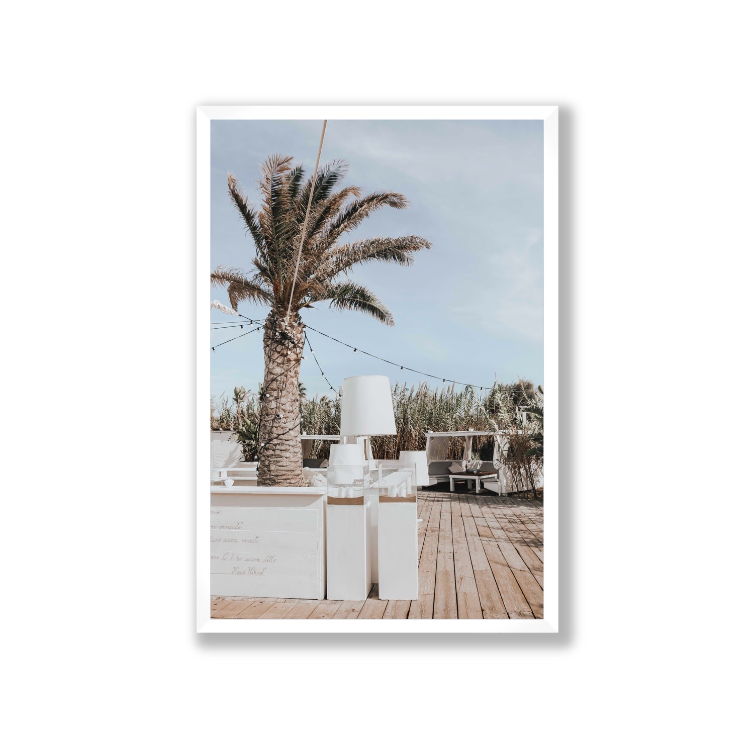 Seabreeze Palm Puglia coastal beach wall art Giant full-bleed fine art print in white frame