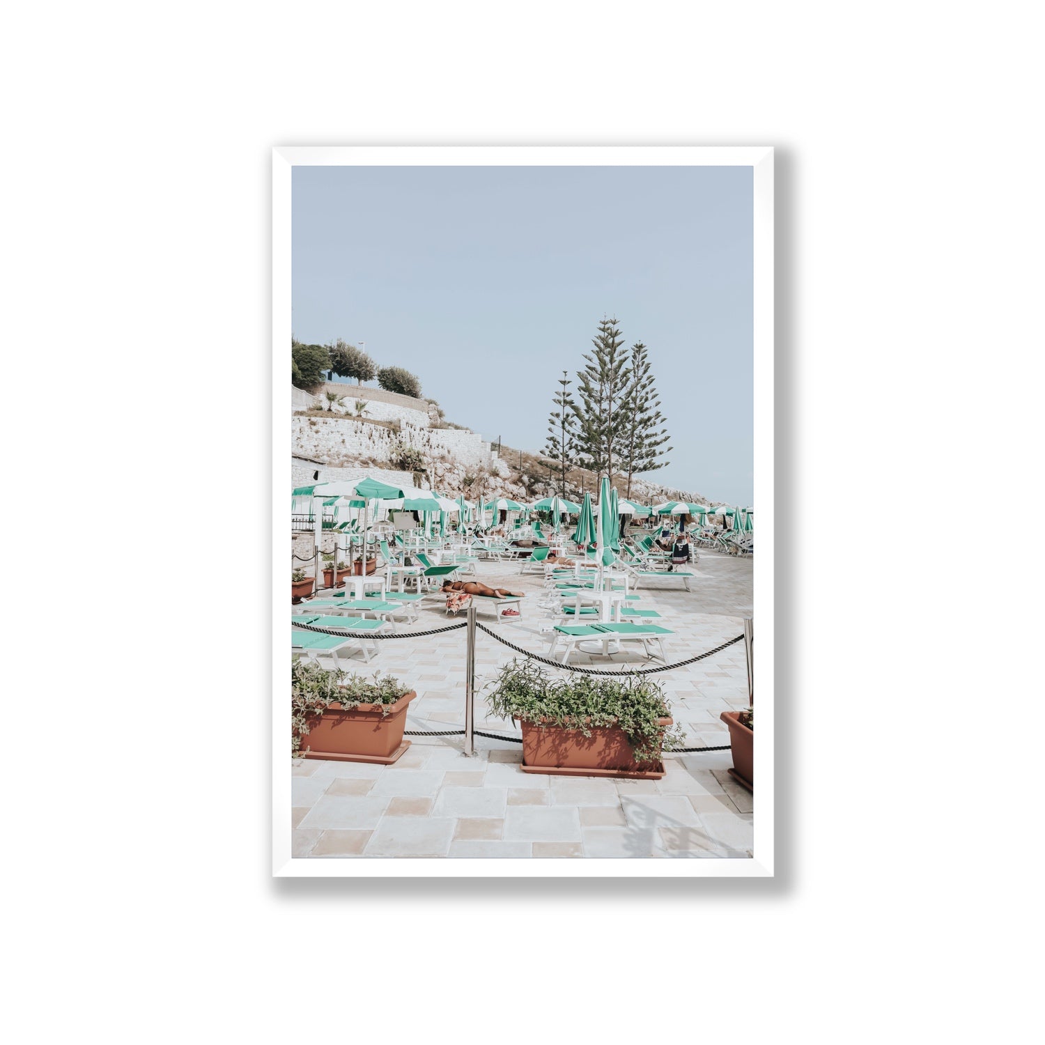 Siesta on The Terrace Puglia coastal wall art Giant full-bleed fine art print in white frame