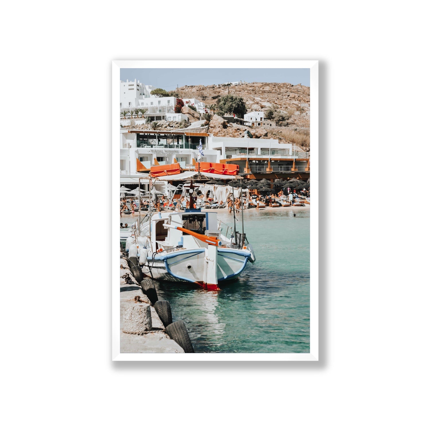 Travel In Style Mykonos Greek island wall art Giant full-bleed fine art print in white frame