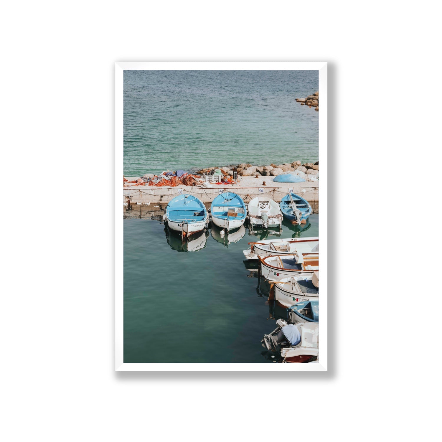Maritime Memories Puglia Harbour Reflections coastal wall art Giant full-bleed fine art print in white frame