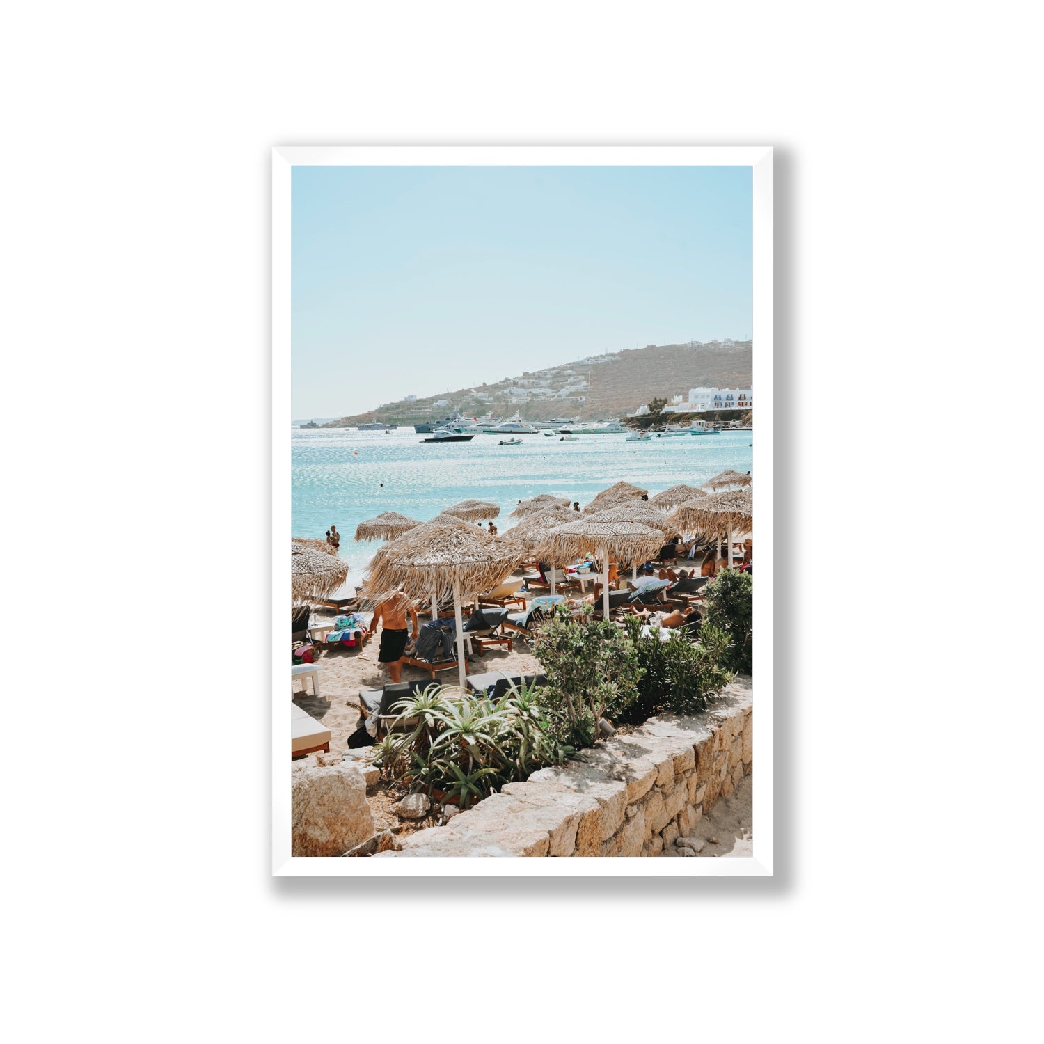 Beachside Huts Mykonos Greek island wall art Giant full-bleed fine art print in white frame