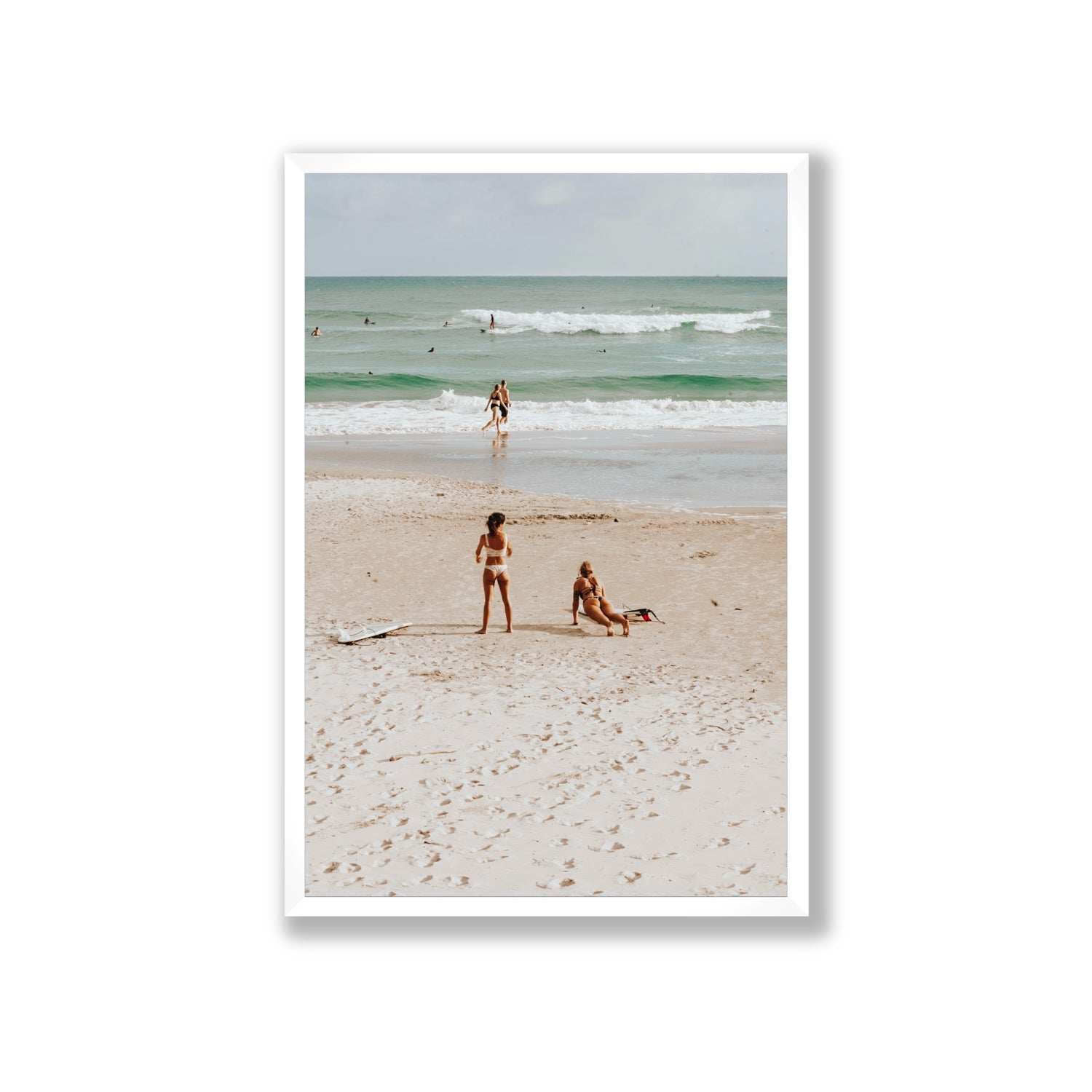 Gidget & Betty Byron Bay beach coastal wall art Giant full-bleed fine art print in white frame