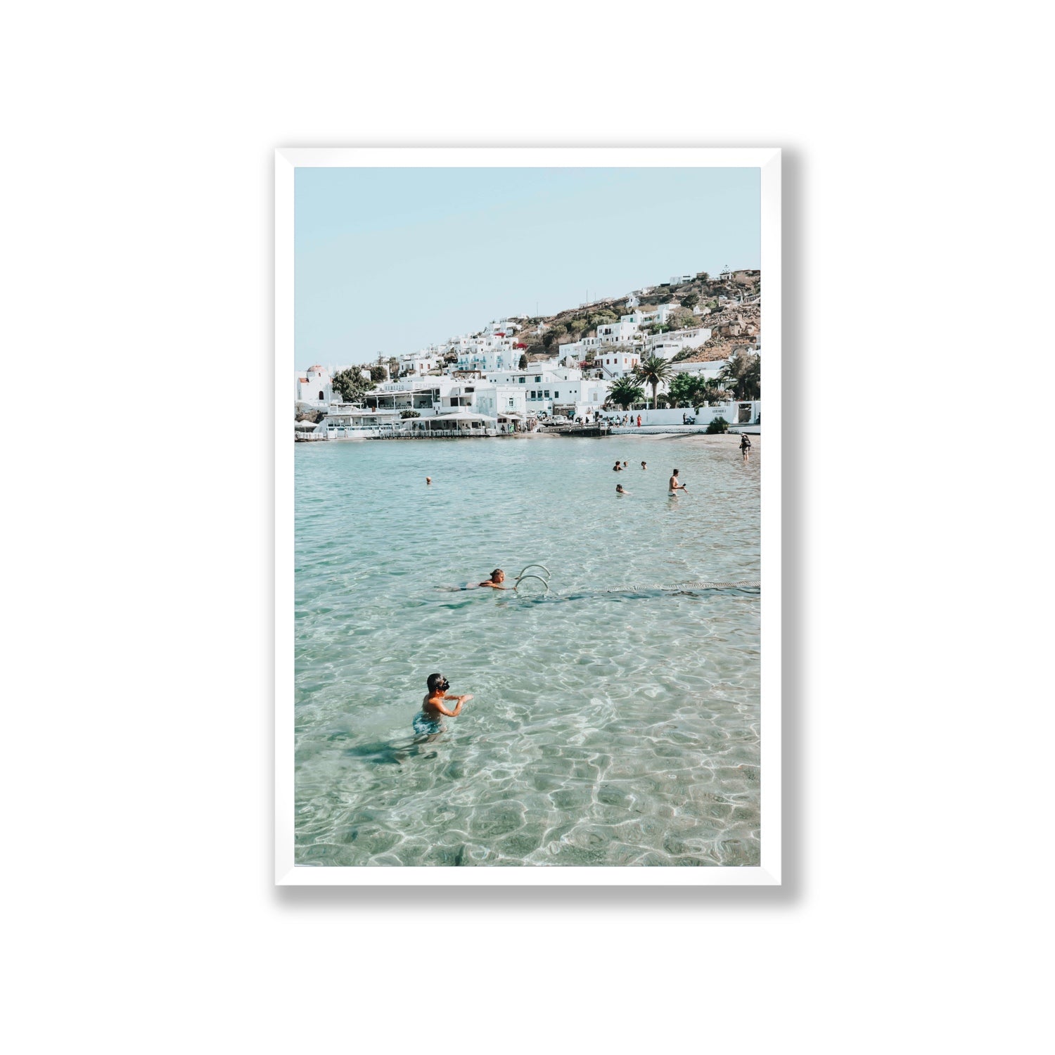 Beside The Seaside Mykonos beach Greek island wall art Giant full-bleed fine art print in white frame