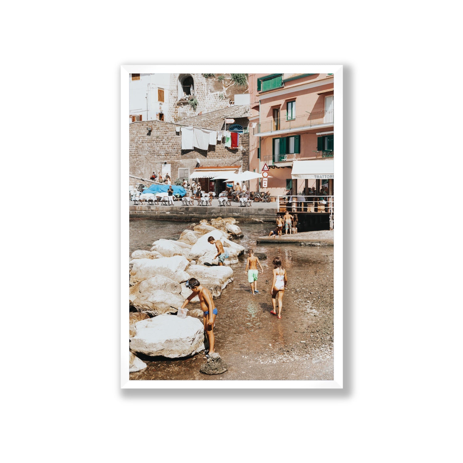 The Beachcombers Sorrento beach coastal wall art Giant full-bleed fine art print in white frame