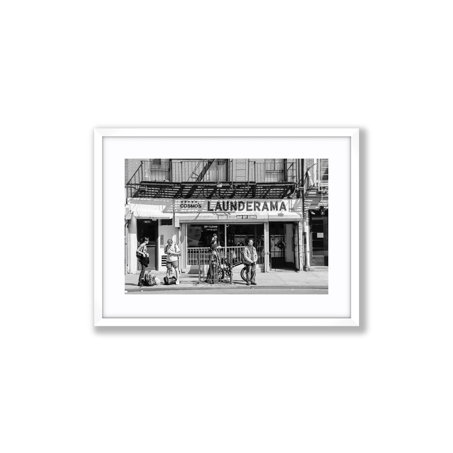 Launderama New York NYC Black & White wall art Medium fine art print in white frame with matboard