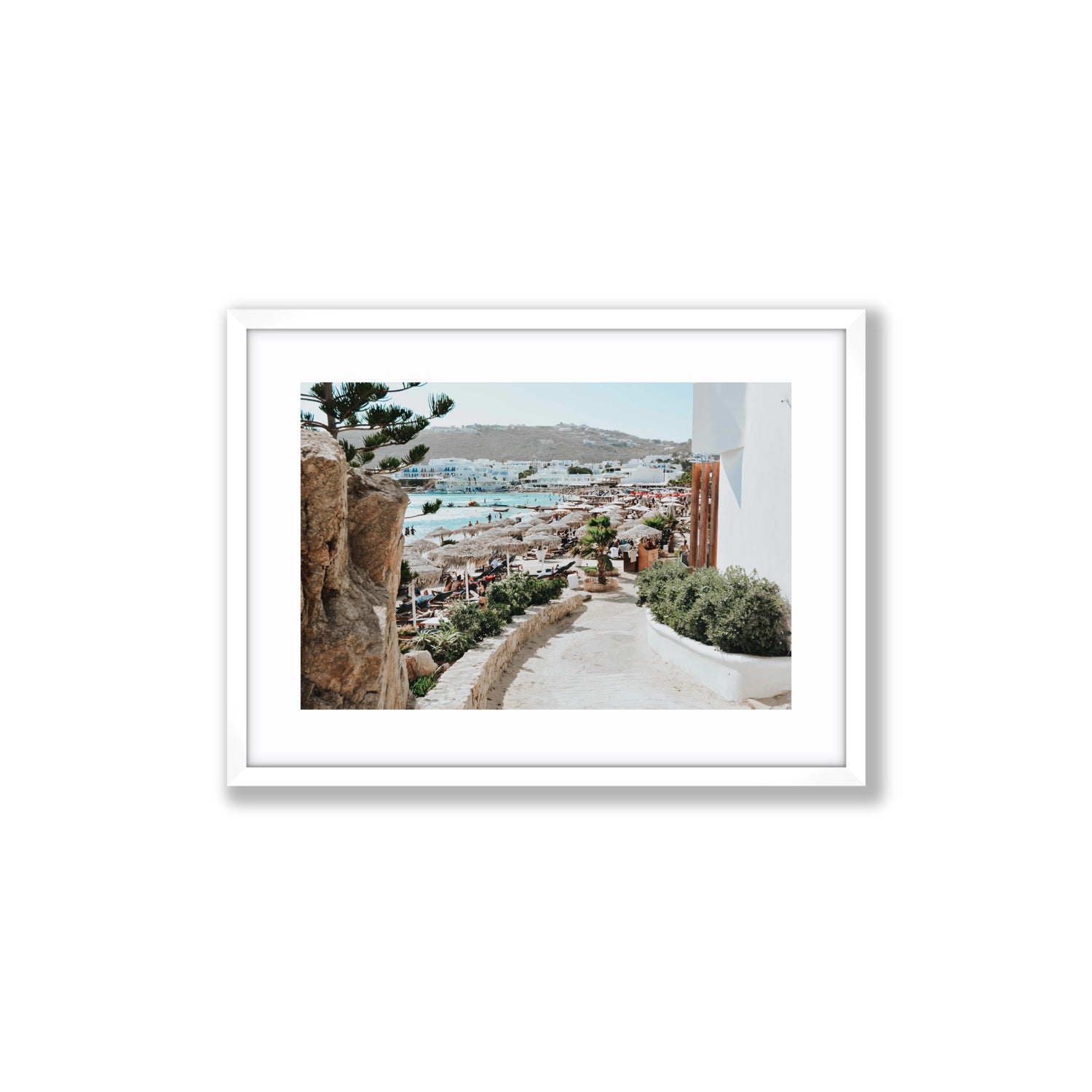Kalimera Mykonos Greek island wall art Medium fine art print in white frame with matboard