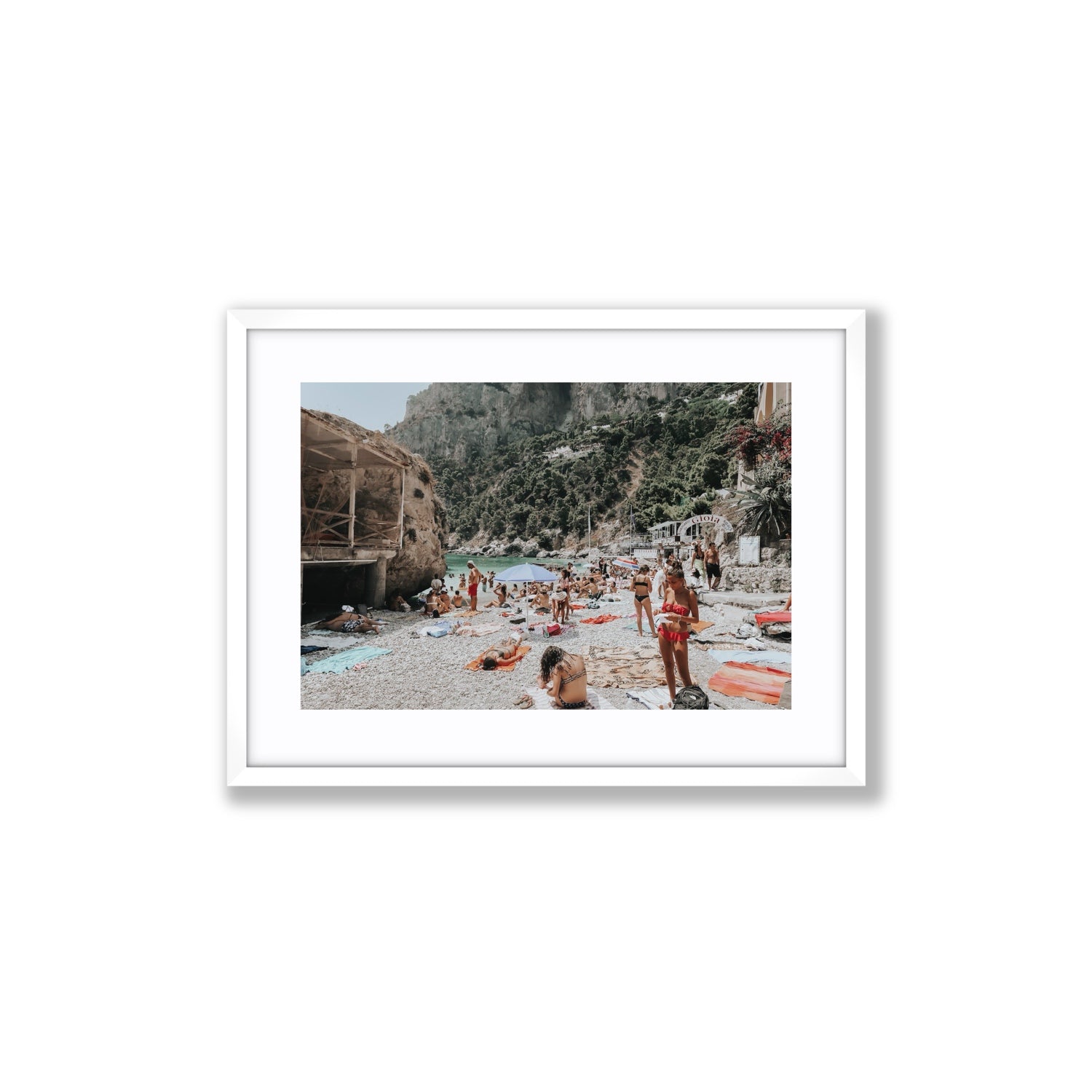 Spiaggia Da Gioia Capri beach coastal wall art Medium fine art print in white frame with matboard