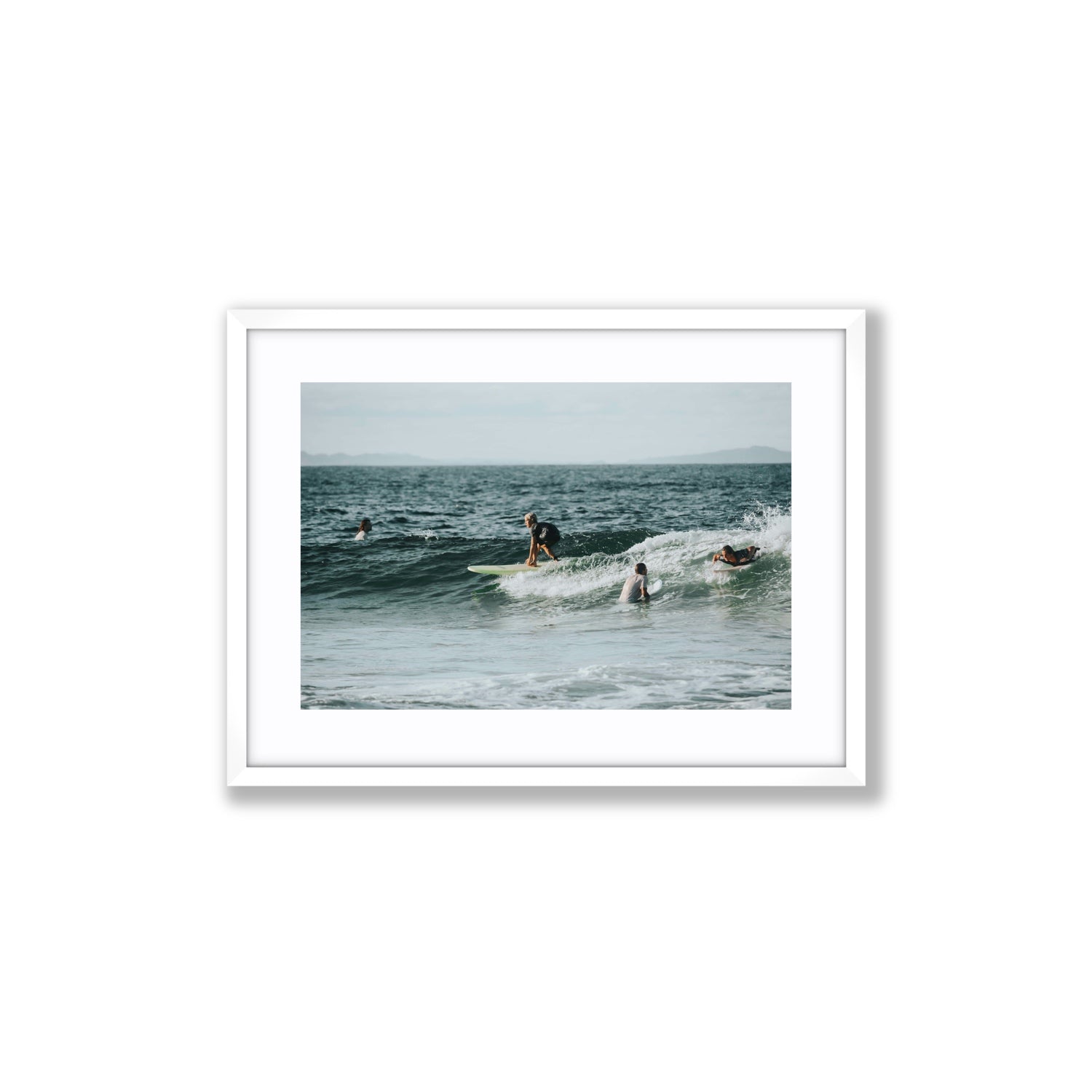 The Boys of Summer Byron Bay Surf coastal wall art Medium fine art print in white frame with matboard