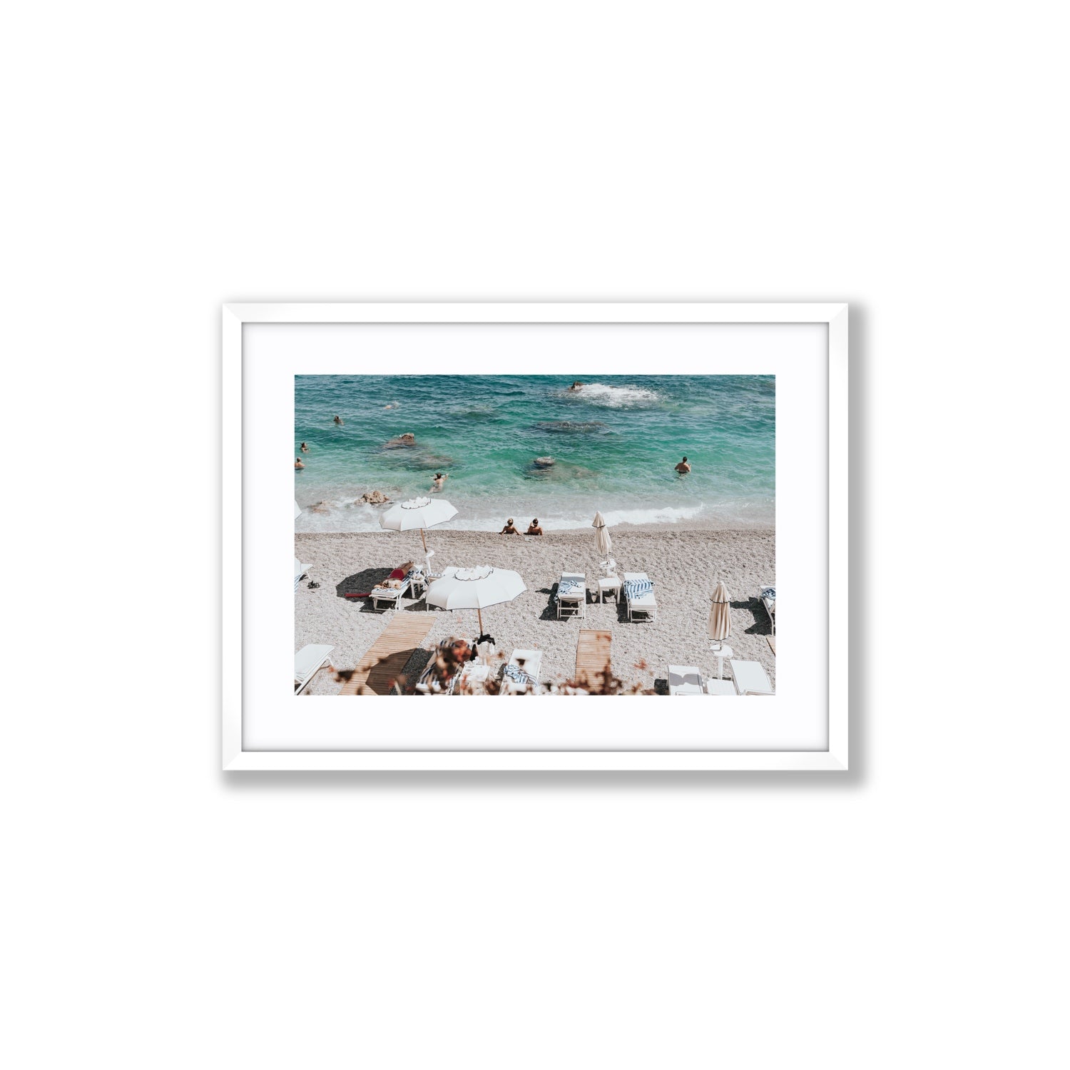 Amicizia Amalfi Italian beach wall art Medium fine art print in white frame with matboard