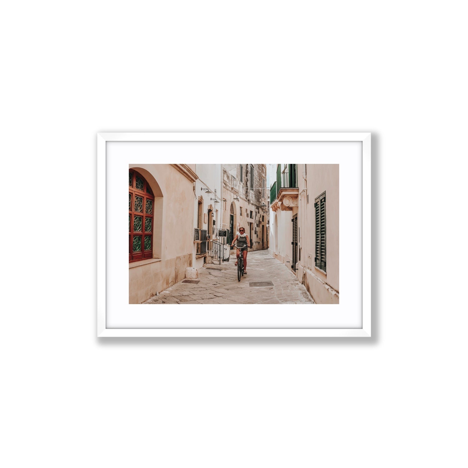 La Donna In Bicicletta Puglia Wall Italian fine art print Medium fine art print in white frame with matboard