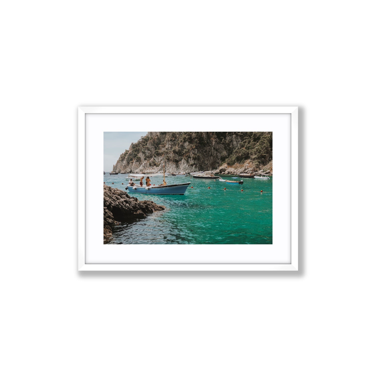 Cozy Cove Capri coastal Mediterranean wall art Medium fine art print in white frame with matboard