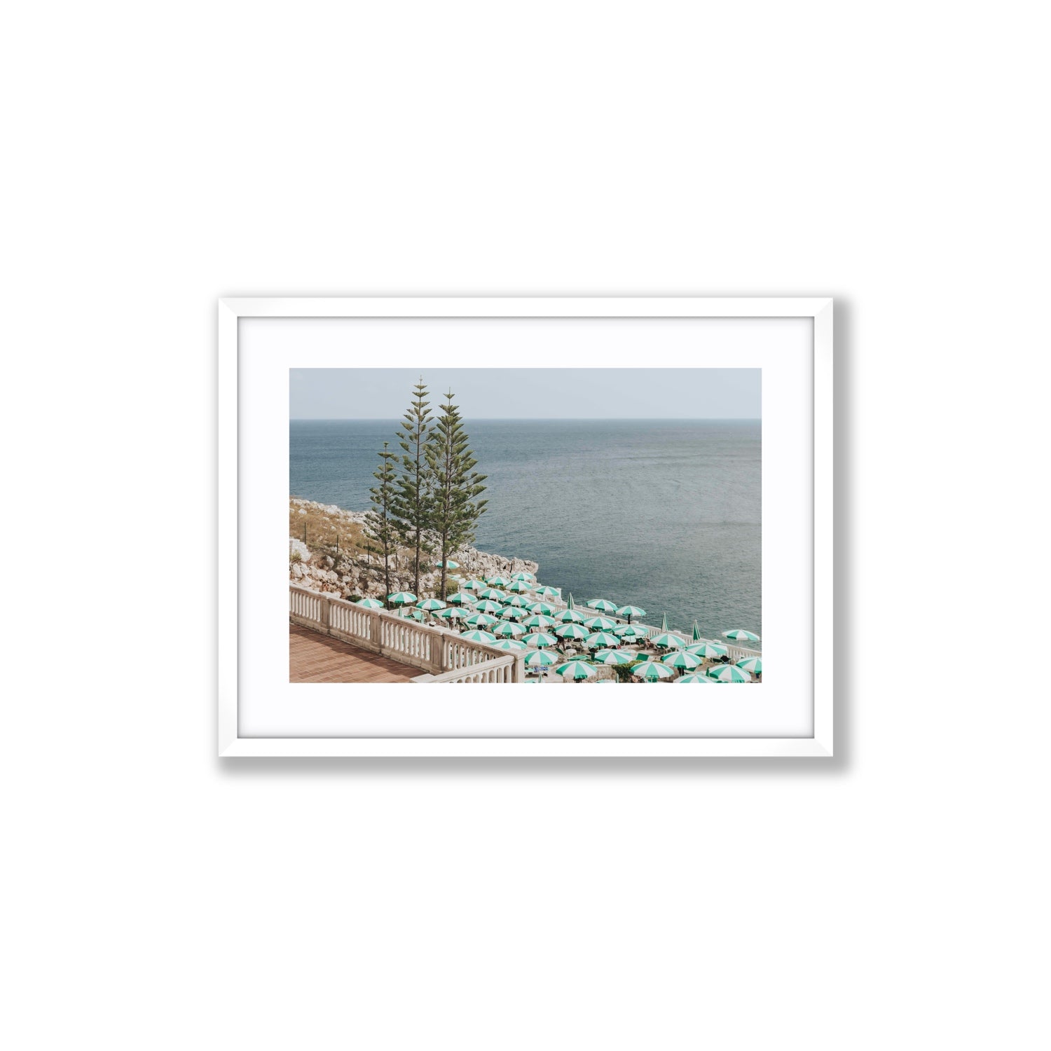 Azure Horizon Puglia beach coastal wall art Medium fine art print in white frame with matboard