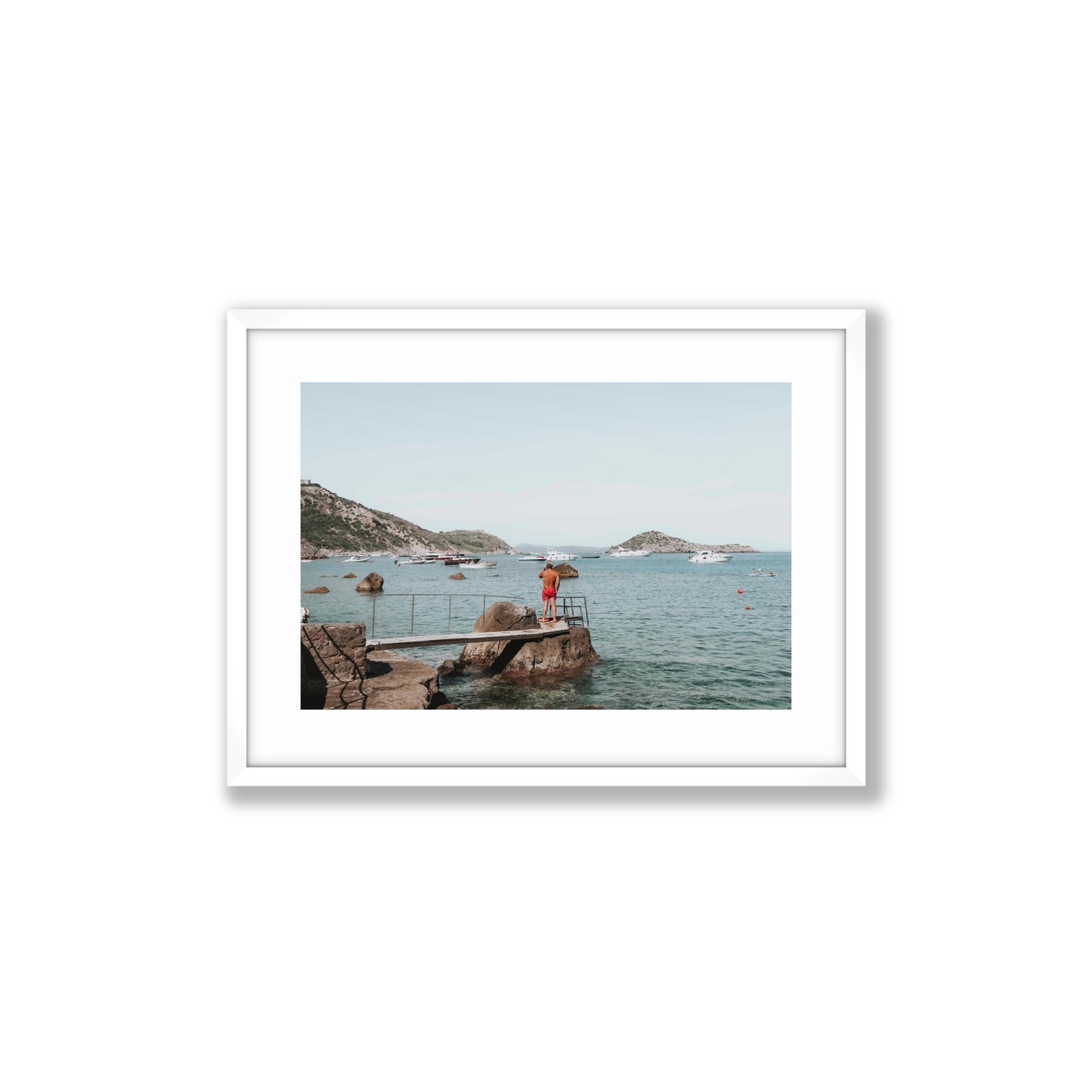 Out Of Office Tuscany coastal Italian wall art Medium fine art print in white frame with matboard
