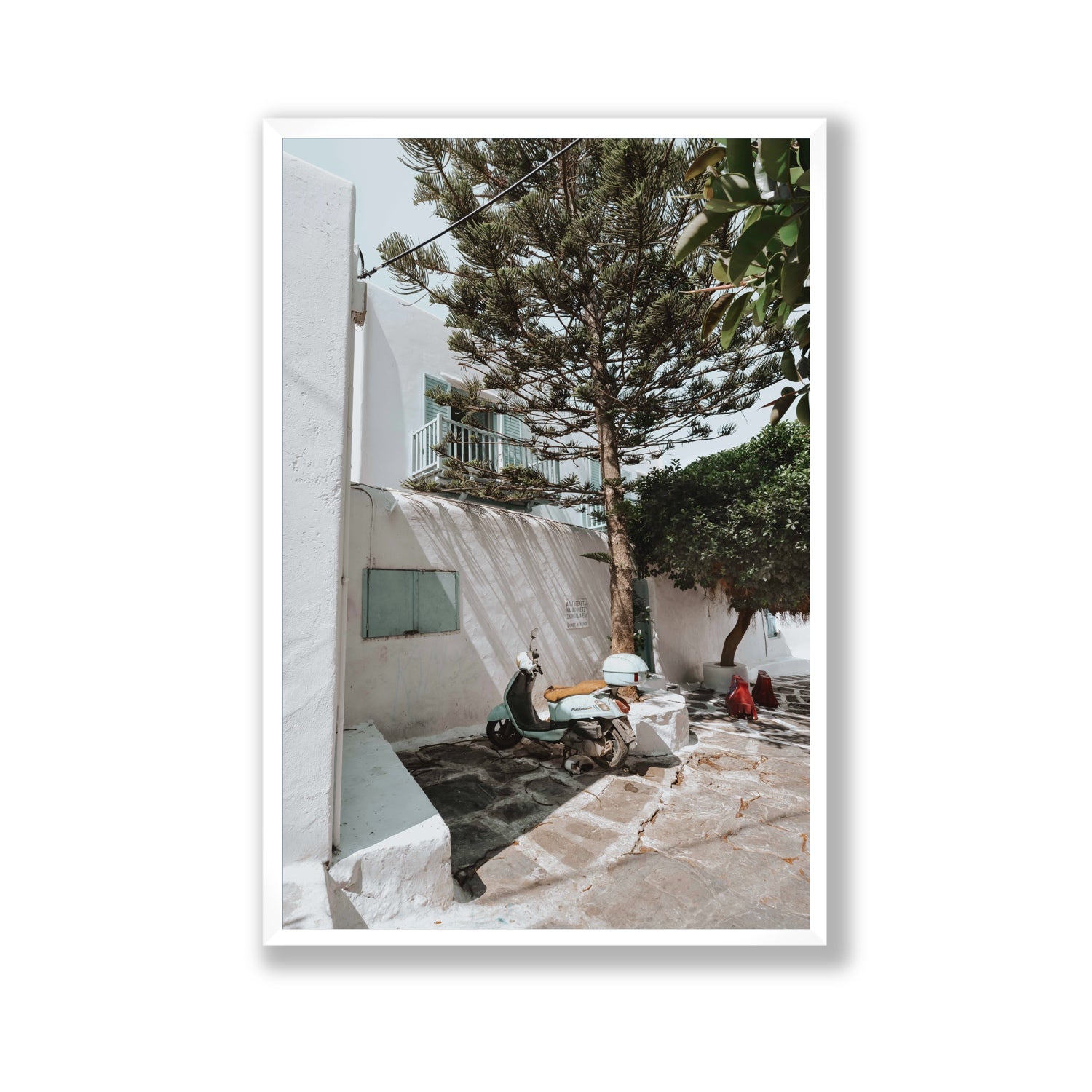 The Getaway Mykonos Mediterranean Greek island art print Gallery full-bleed fine art print in white frame