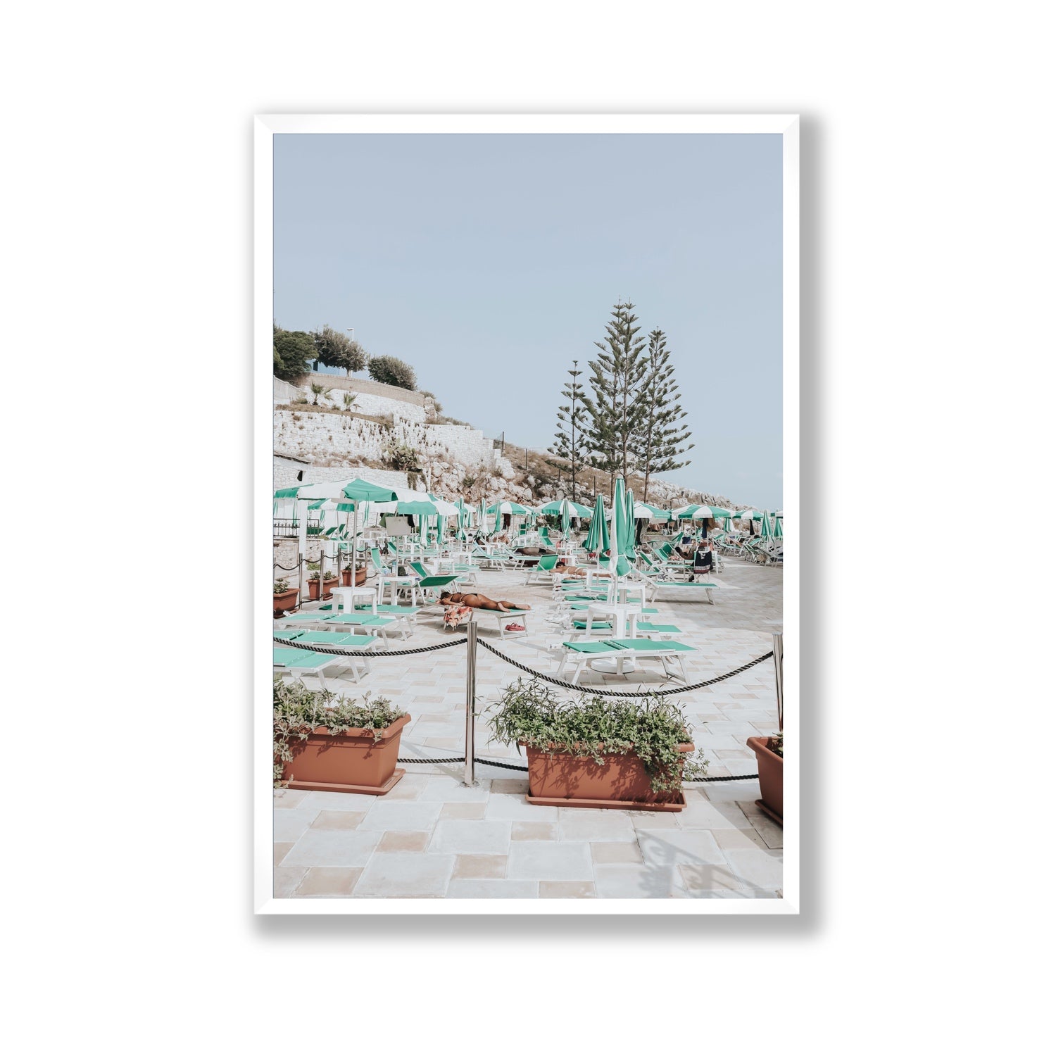Siesta on The Terrace Puglia coastal wall art Gallery full-bleed fine art print in white frame