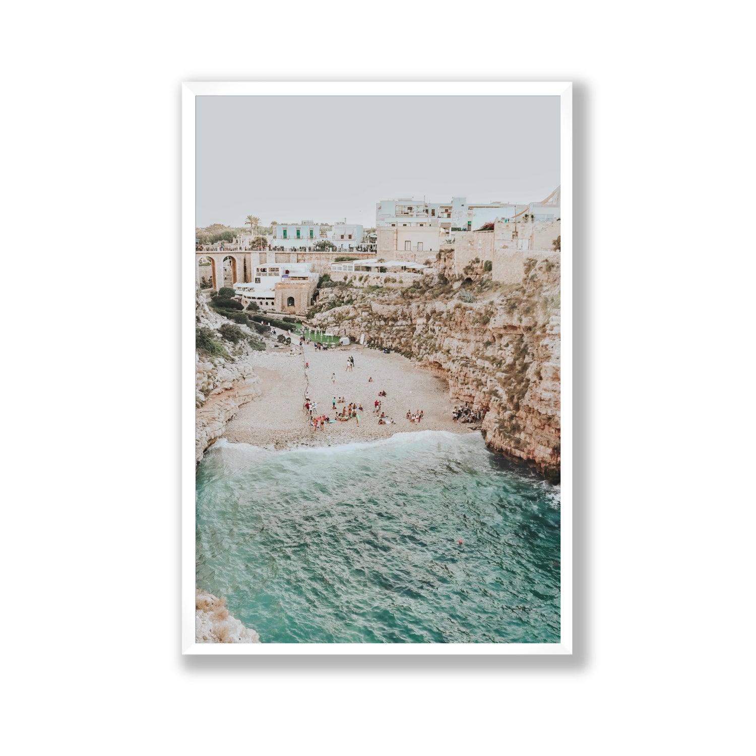 Polignano Vista Puglia coastal Italian beach fine art print Gallery full-bleed fine art print in white frame