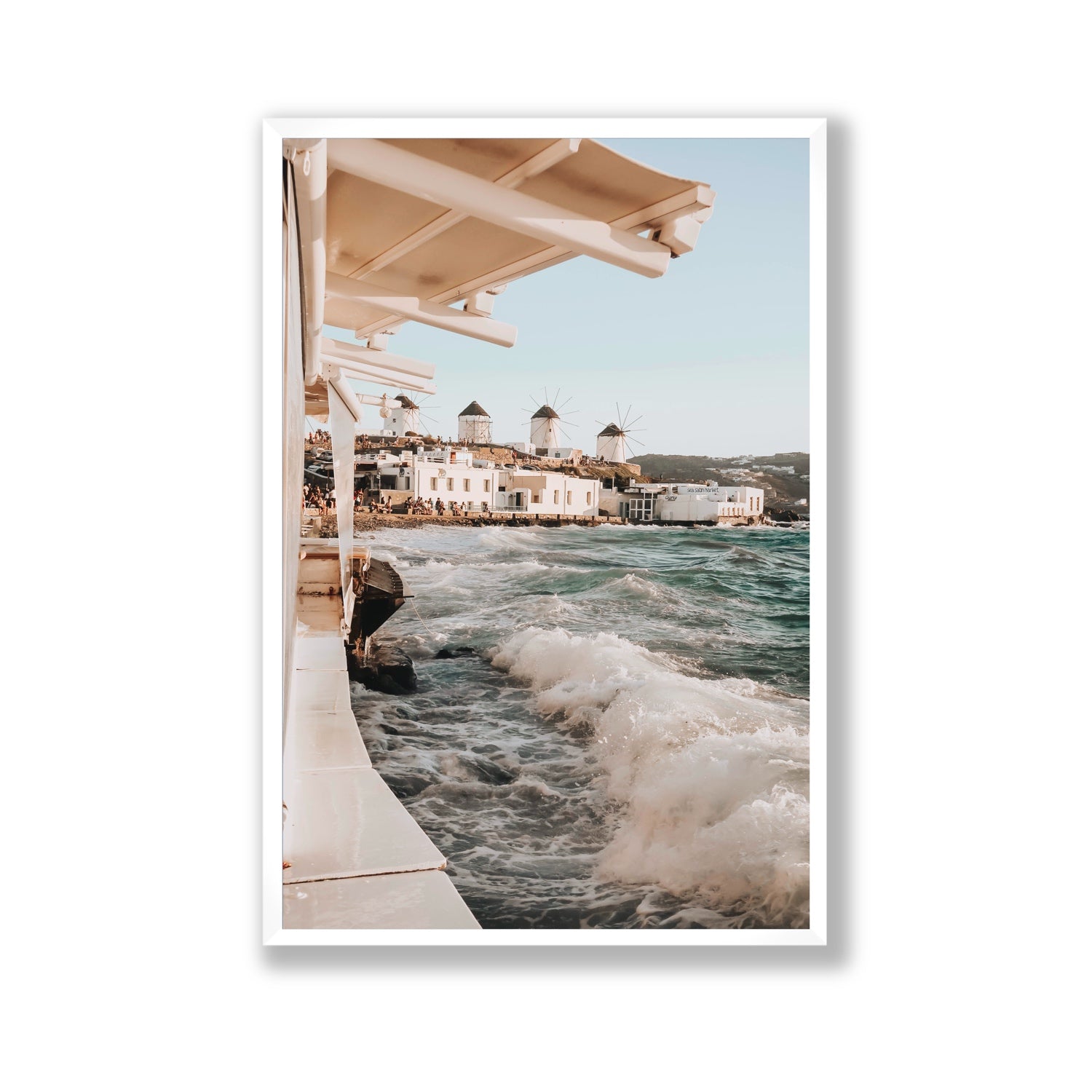 Windmills Mykonos Greek island wall art Gallery full-bleed fine art print in white frame