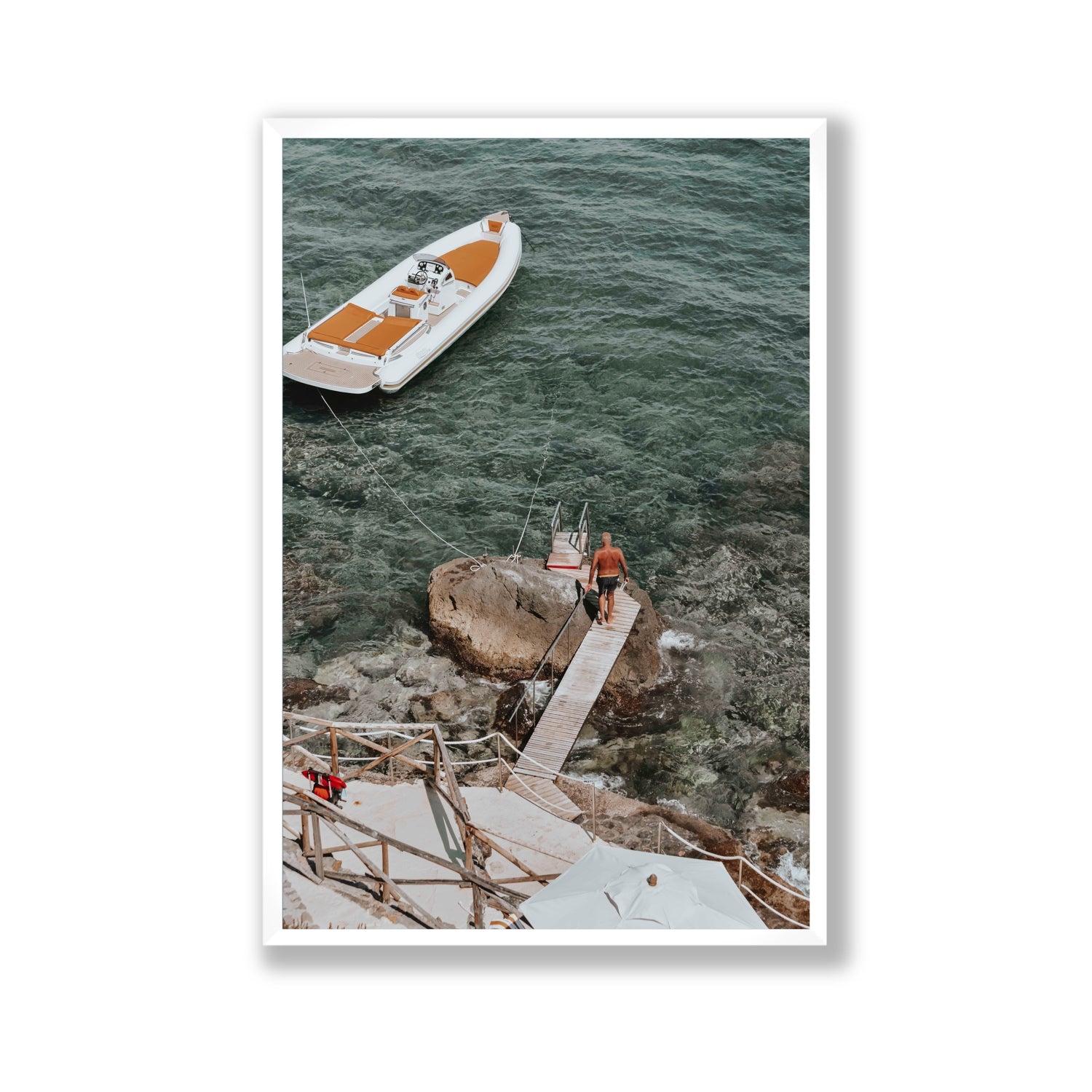 Secret Cove Tuscany coastal Italian wall art Gallery full-bleed fine art print in white frame