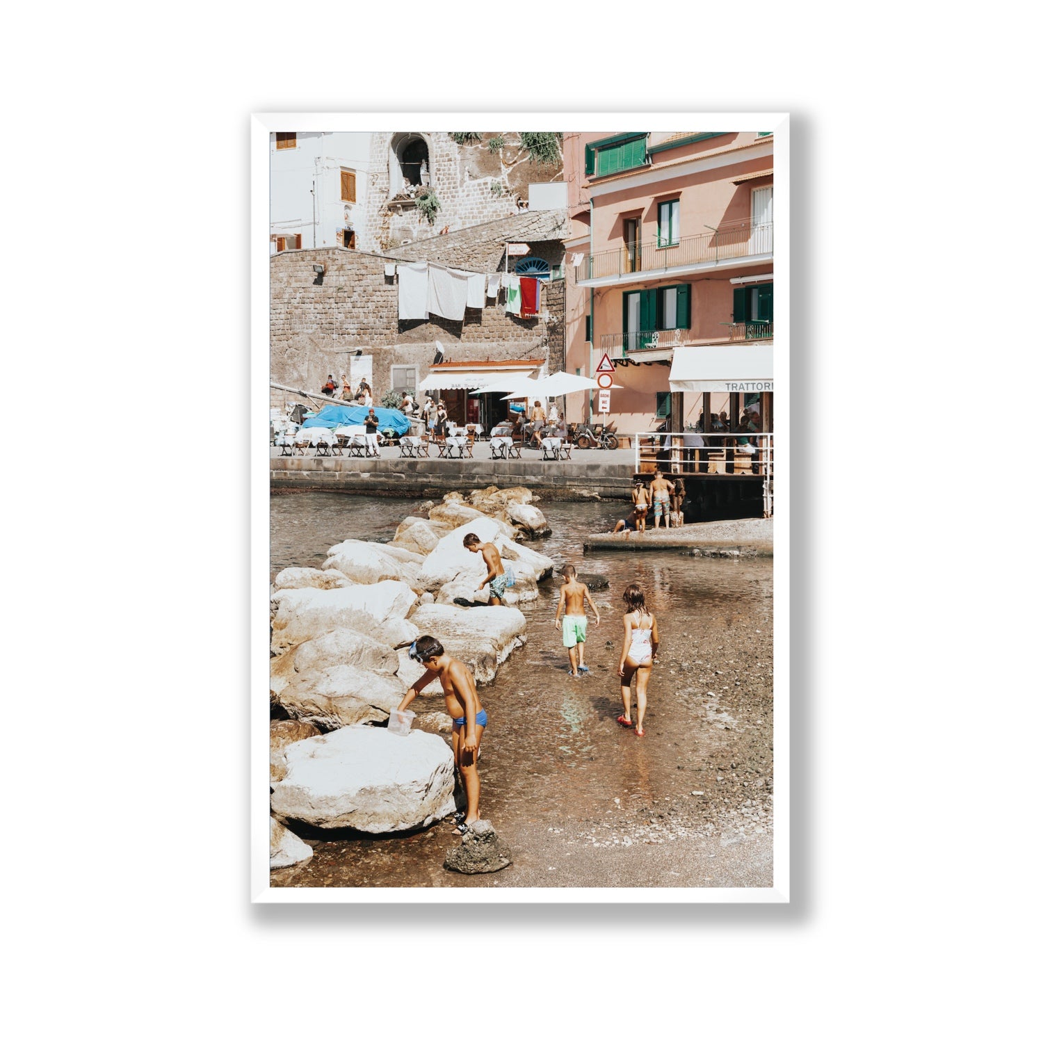The Beachcombers Sorrento beach coastal wall art Gallery full-bleed fine art print in white frame
