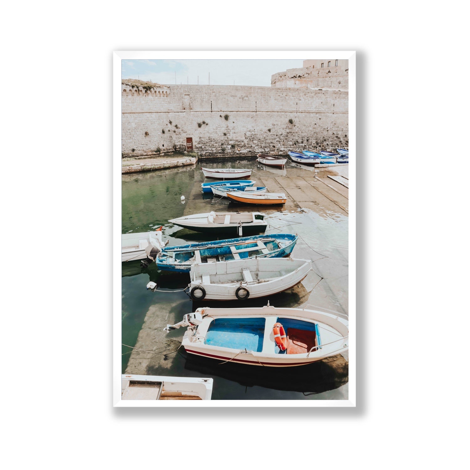Harbour Palette Puglia coastal photography wall art Gallery full-bleed fine art print in white frame