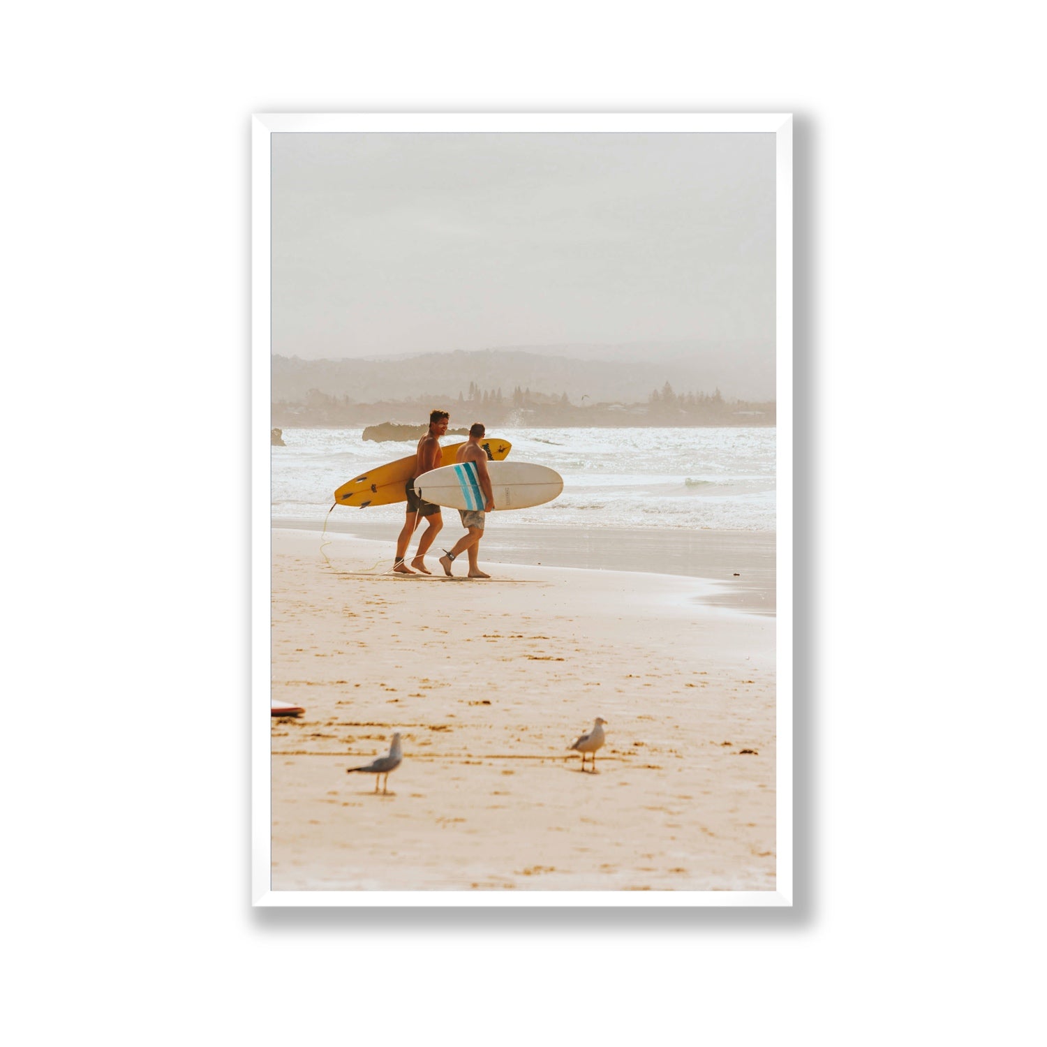 Shane & Benji Byron Bay Surf coastal wall art Gallery full-bleed fine art print in white frame