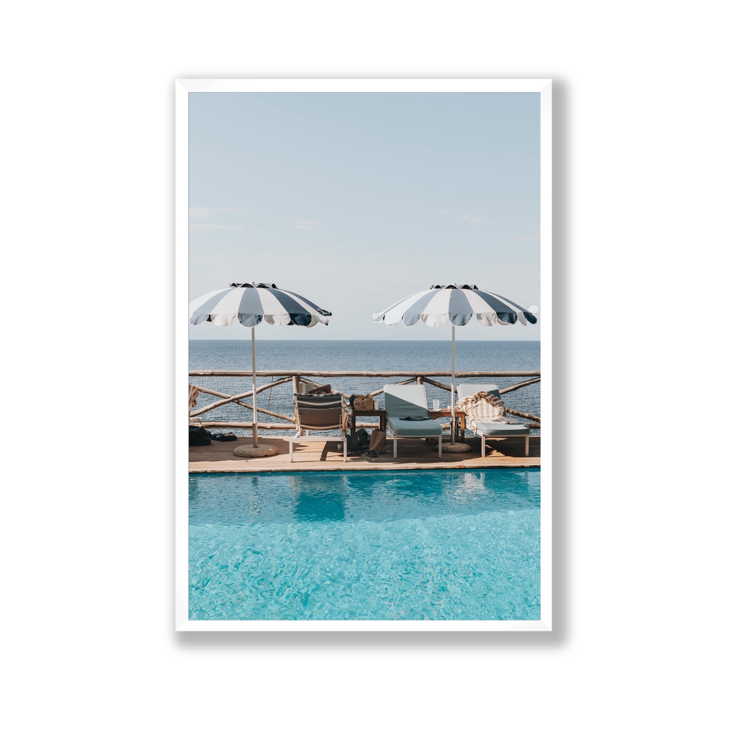 Beach Retreat fine art print, Ischia, Italy, european beach clubs artwork, Gallery, White Frame · Full Bleed, Fine Art Print