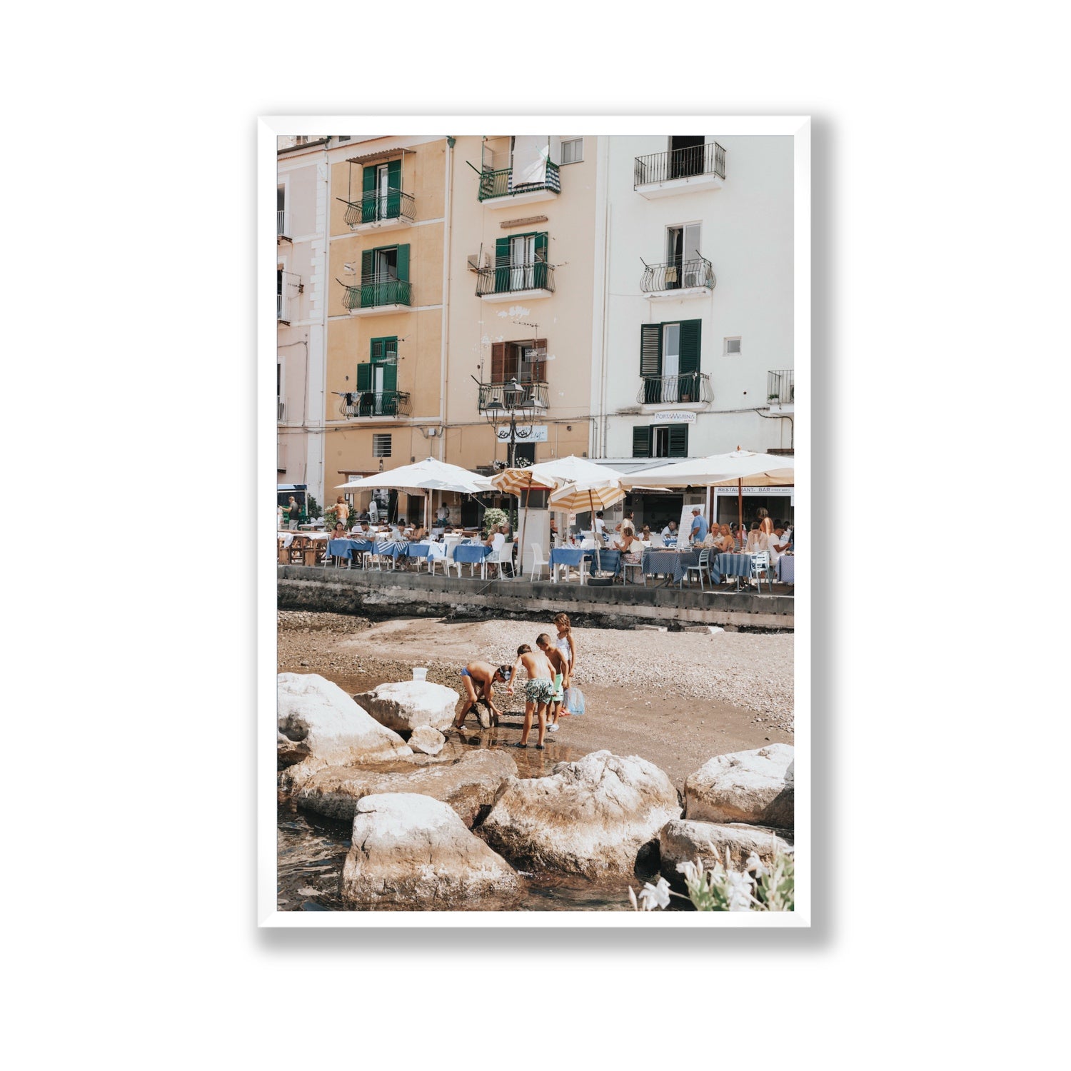 Sunny Playtime Sorrento coastal wall art Gallery full-bleed fine art print in white frame