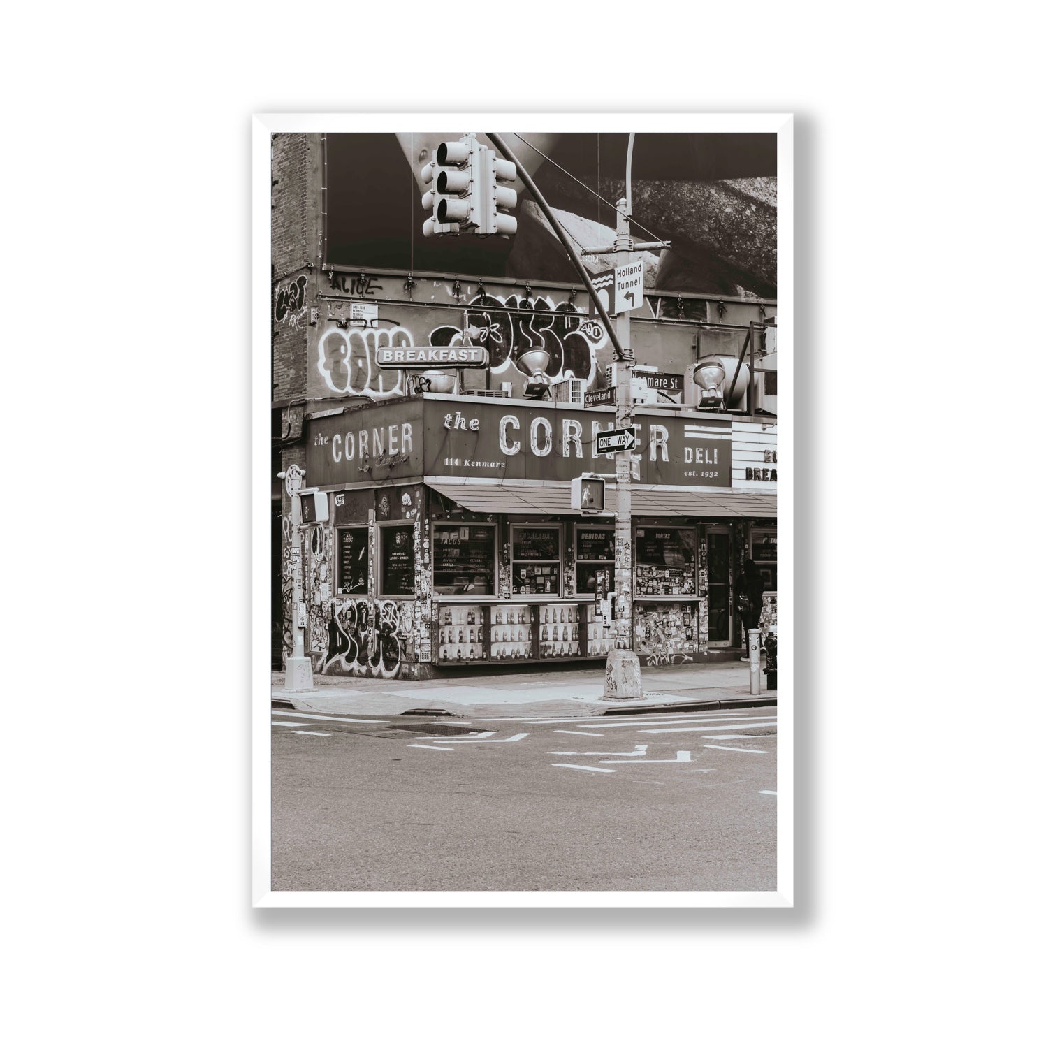 Soho Deli New York NYC Black & White wall art Gallery full-bleed fine art print in white frame