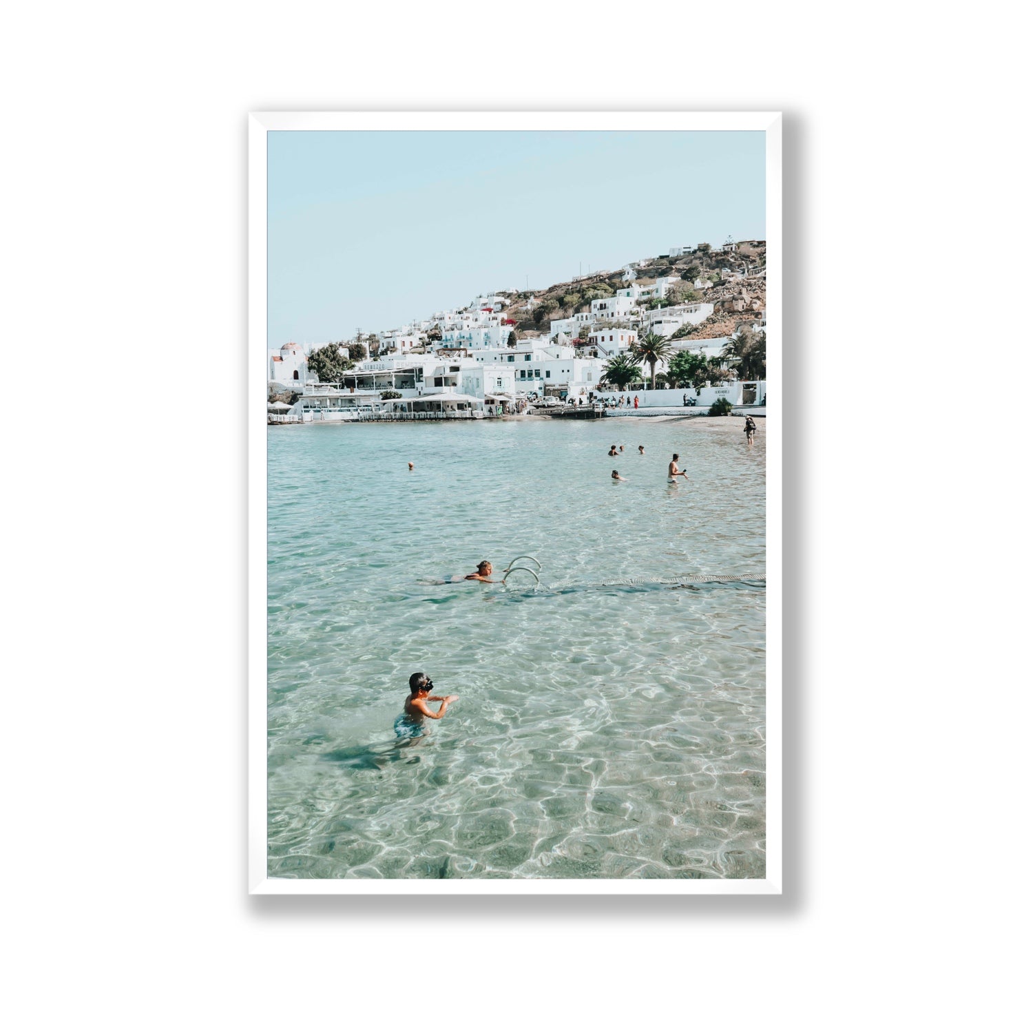Beside The Seaside Mykonos beach Greek island wall art Gallery full-bleed fine art print in white frame