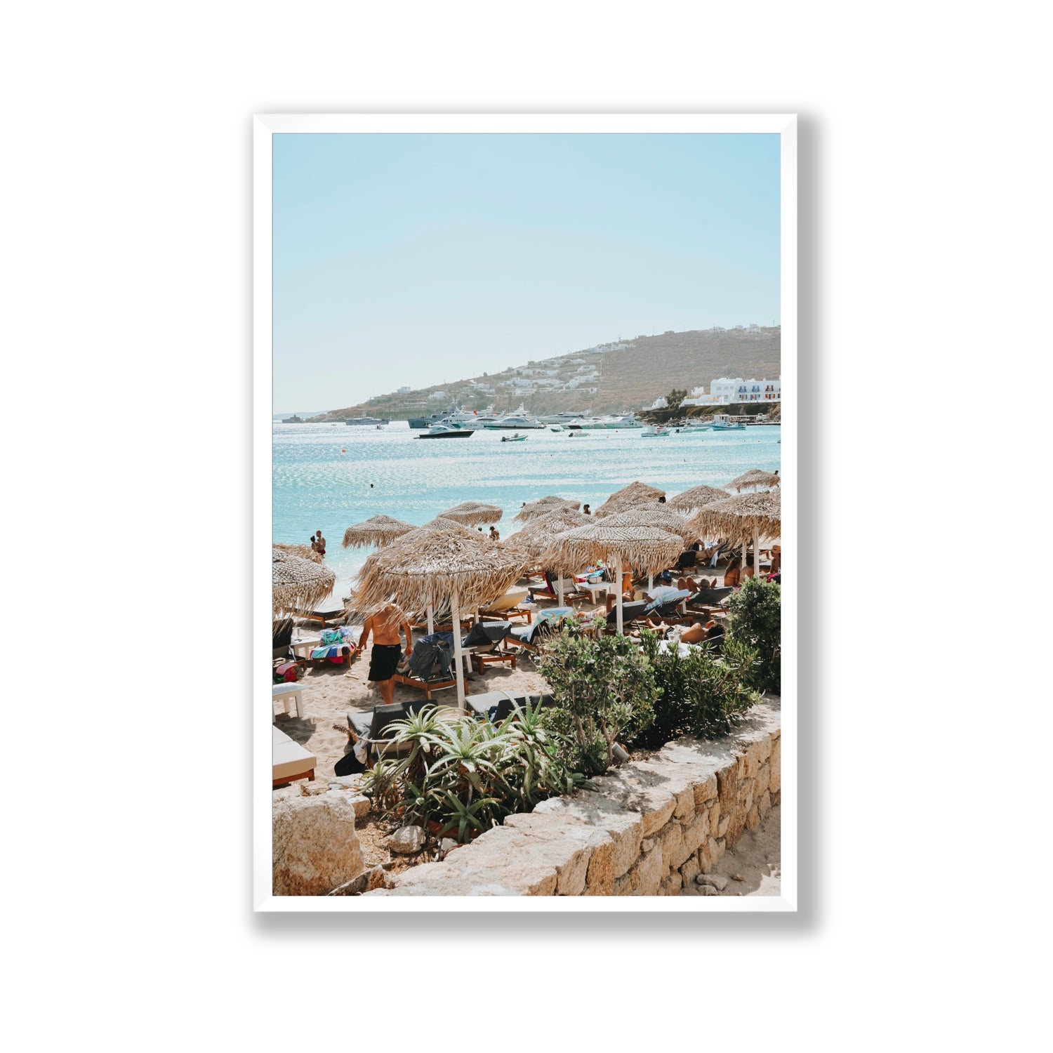 Beachside Huts Mykonos Greek island wall art Gallery full-bleed fine art print in white frame
