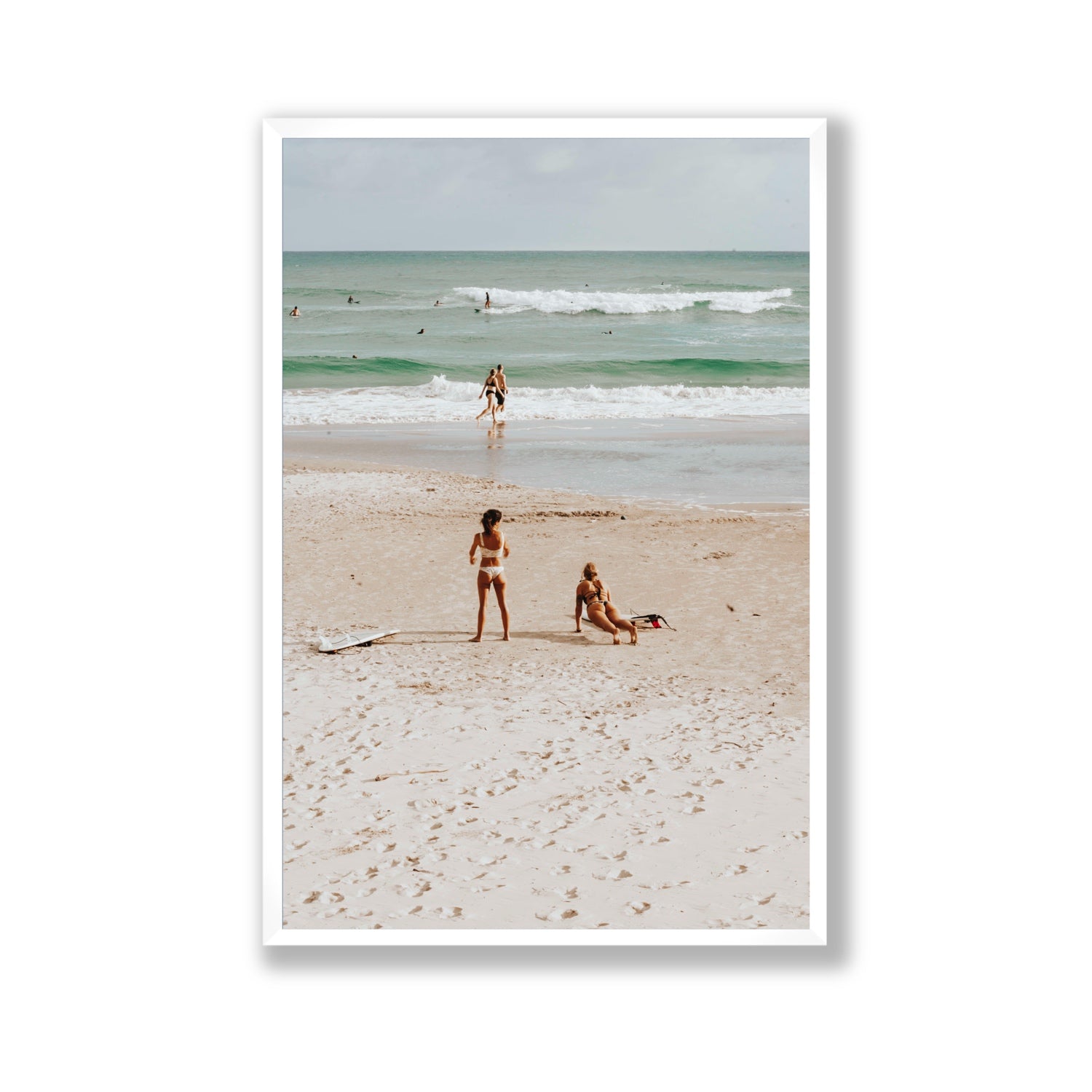 Gidget & Betty Byron Bay beach coastal wall art Gallery full-bleed fine art print in white frame