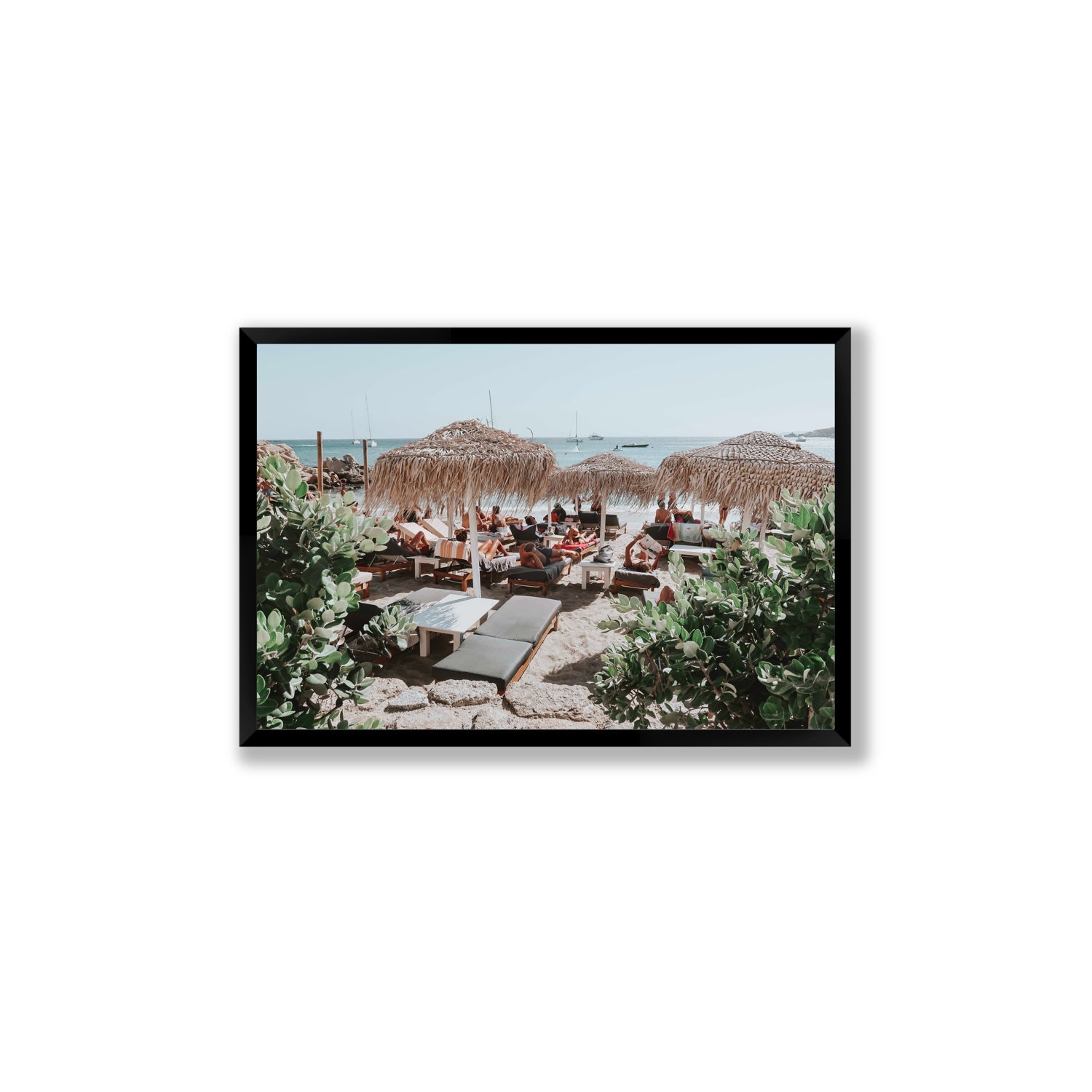 Greek Haven Mykonos Greek island coastal wall art Large full-bleed fine art print in black frame