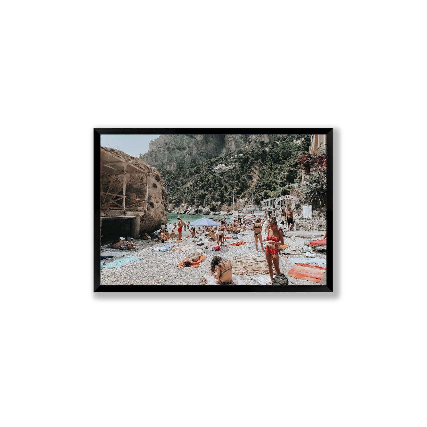 Spiaggia Da Gioia Capri beach coastal wall art Large full-bleed fine art print in black frame