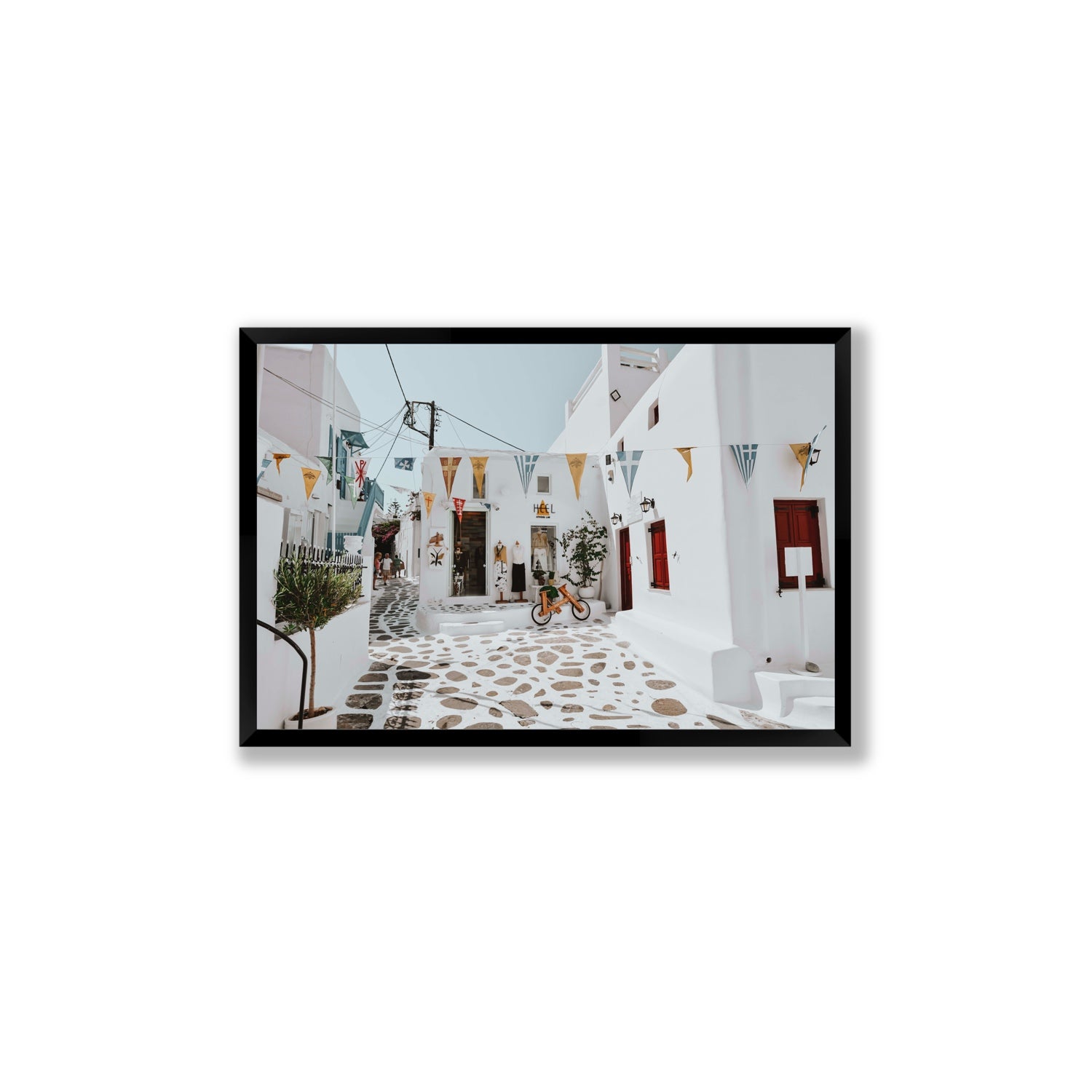Cruising The Streets Mykonos Greek island wall art Large full-bleed fine art print in black frame