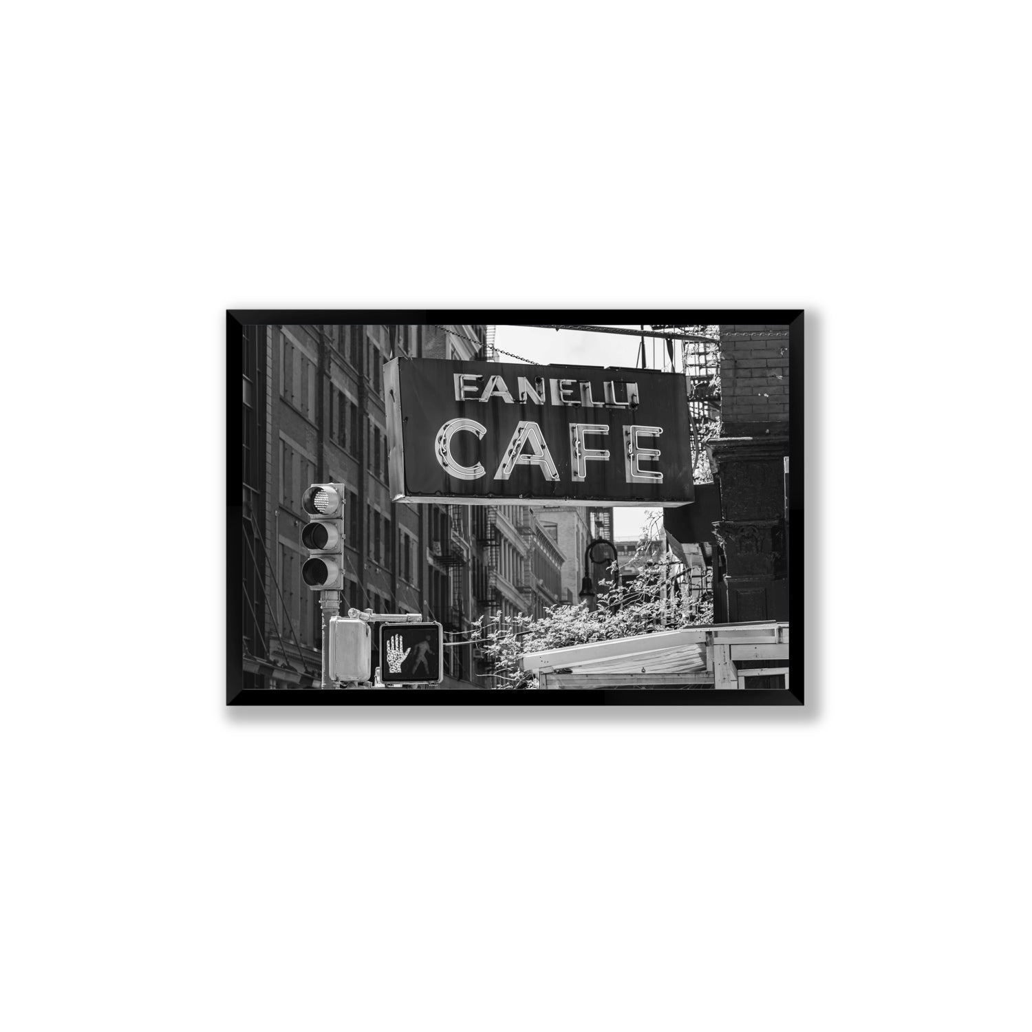 Soho Neon New York NYC Black & White wall art Large full-bleed fine art print in black frame