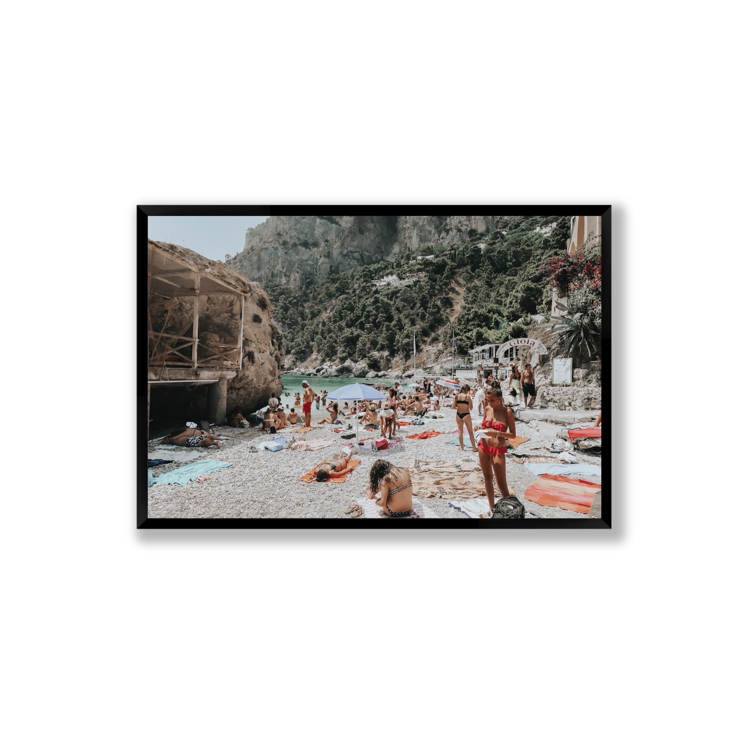 Spiaggia Da Gioia Capri beach coastal wall art Extra Large full-bleed fine art print in black frame