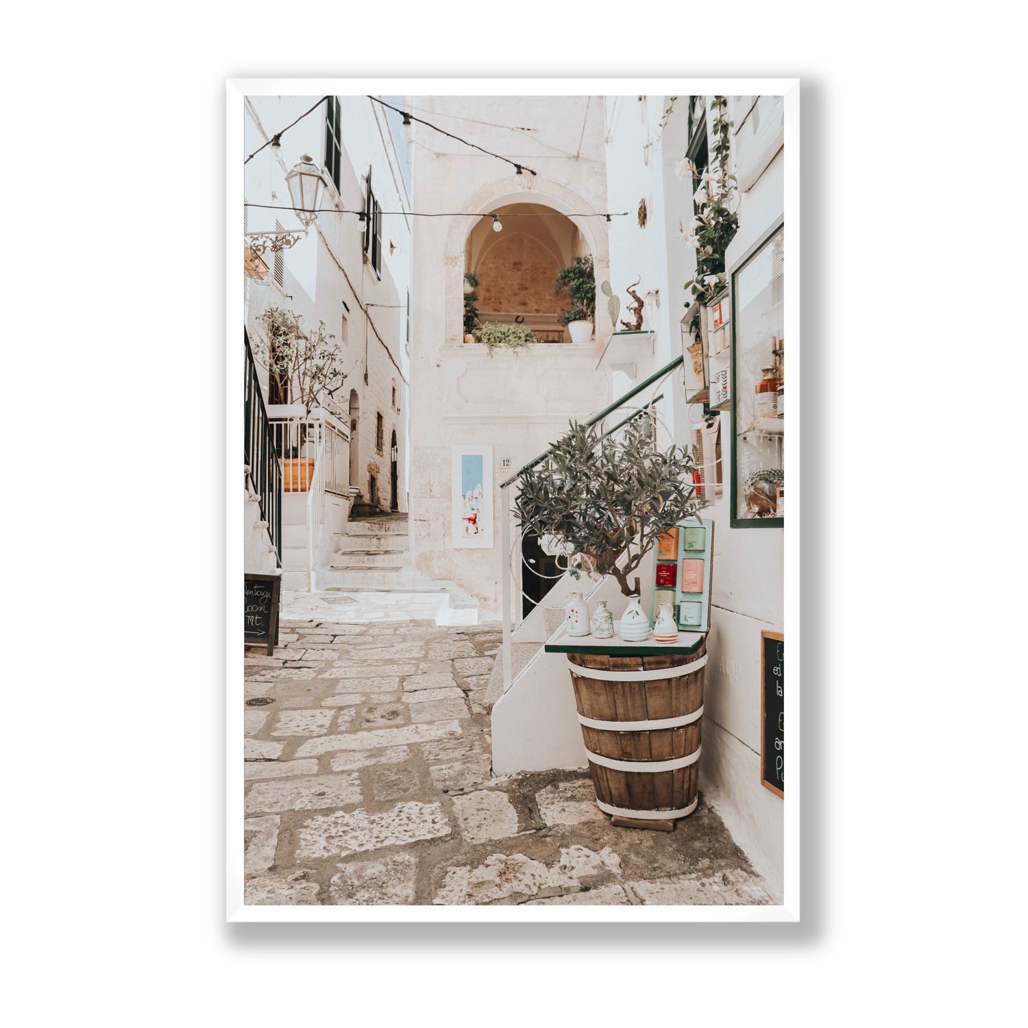 Olive Tree Lane Puglia Ostuni Mediterranean decor wall art Statement full-bleed fine art print in white frame