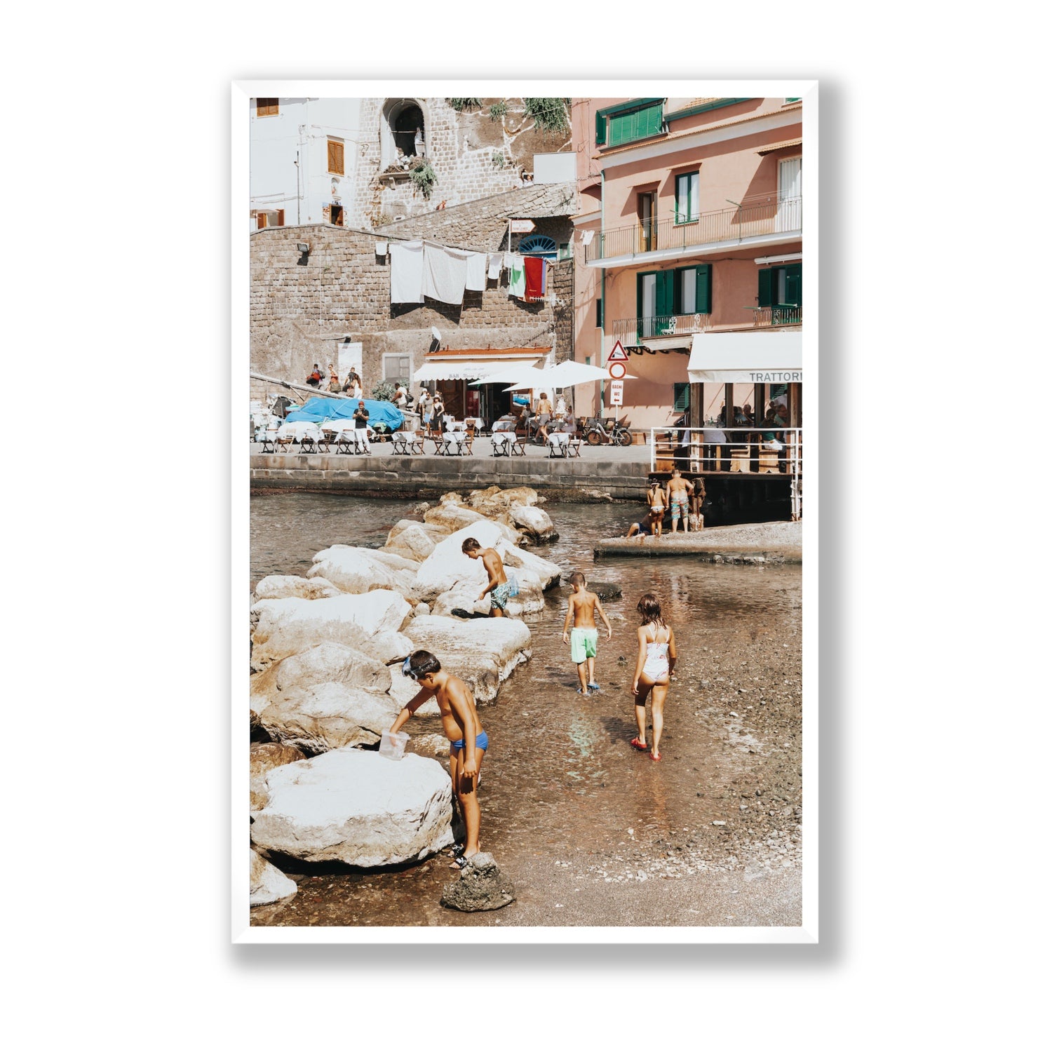 The Beachcombers Sorrento beach coastal wall art Statement full-bleed fine art print in white frame