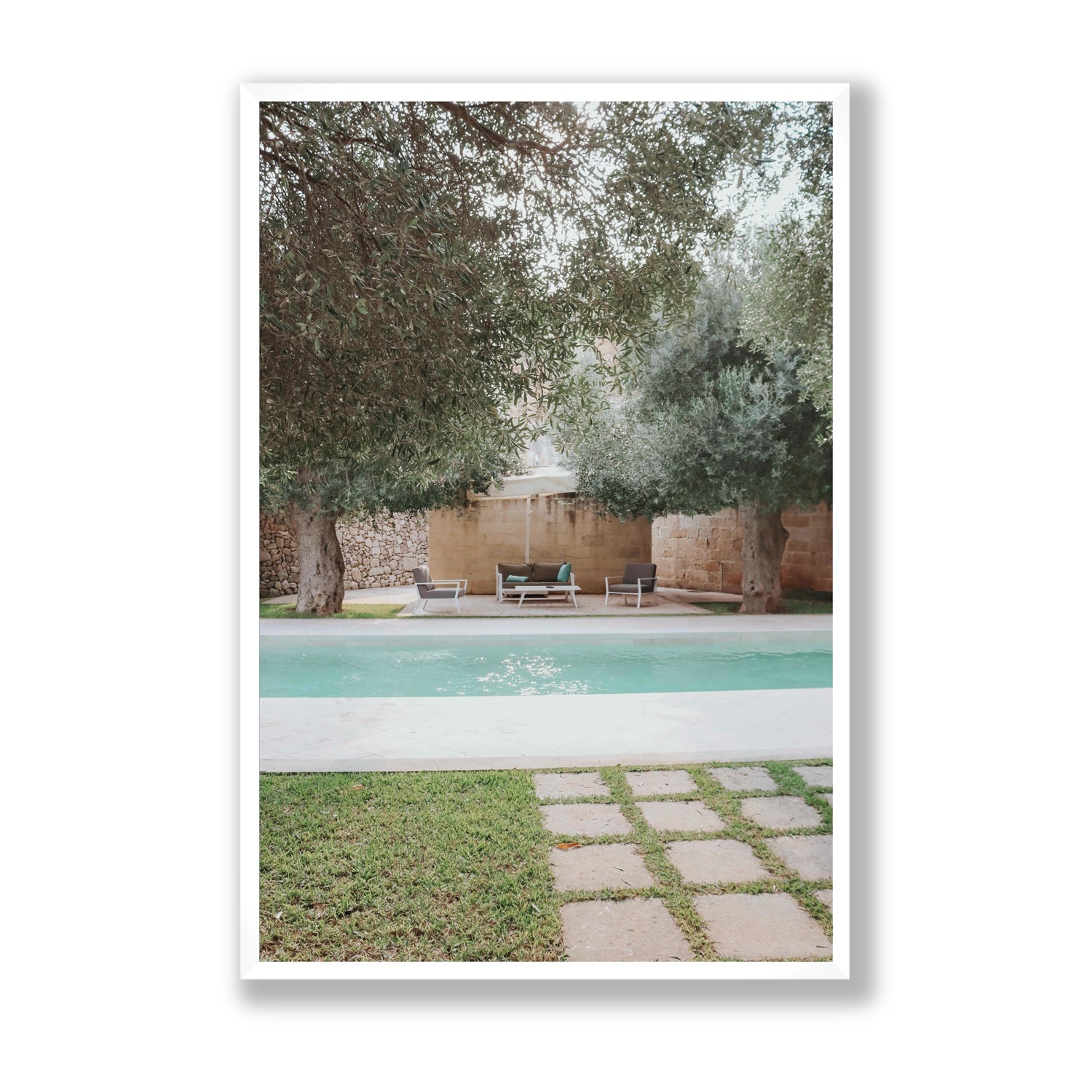 Idyllic Escape Puglia Mediterranean wall art Statement full-bleed fine art print in white frame