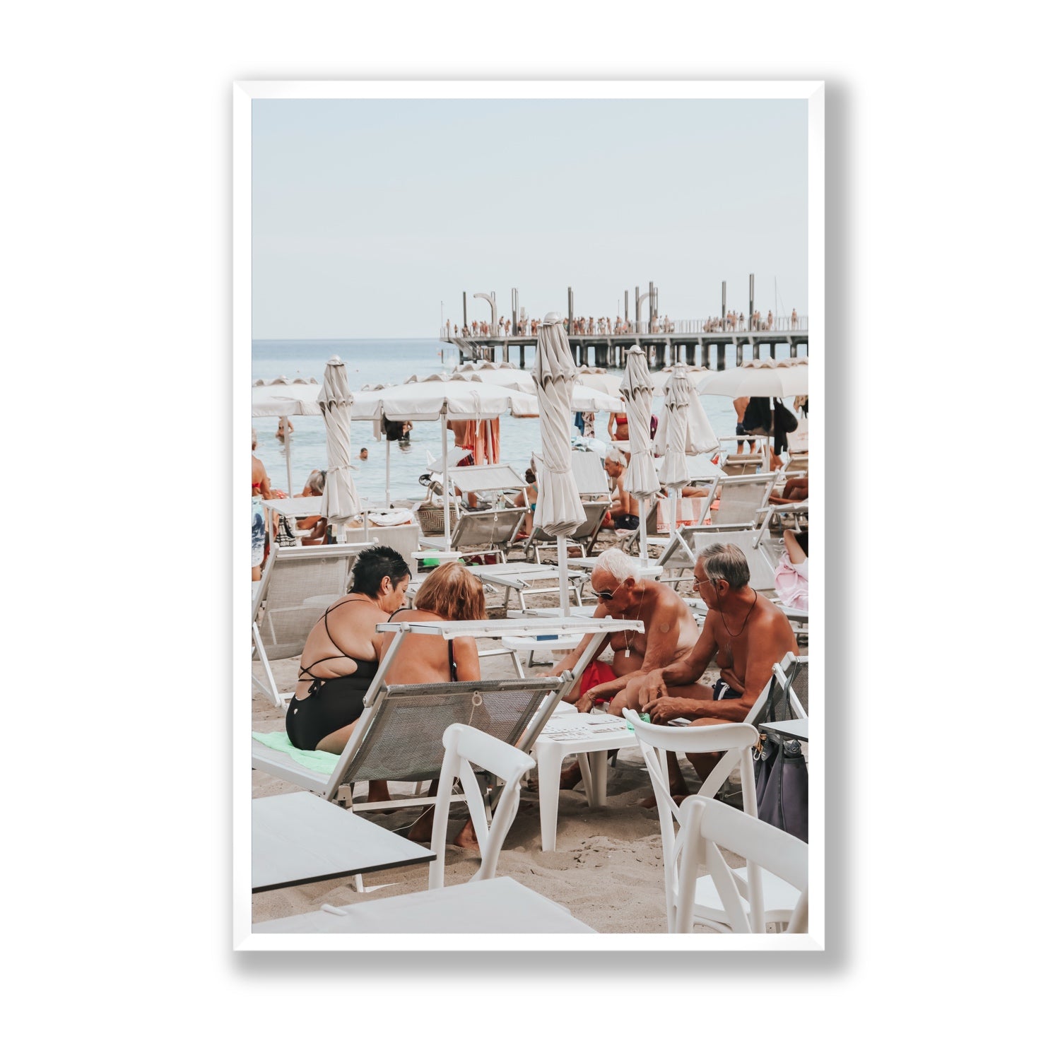 Salted Shuffle fine art print, Alassio, Italy, people and locals artwork, Statement, White Frame · Full Bleed, Fine Art Print