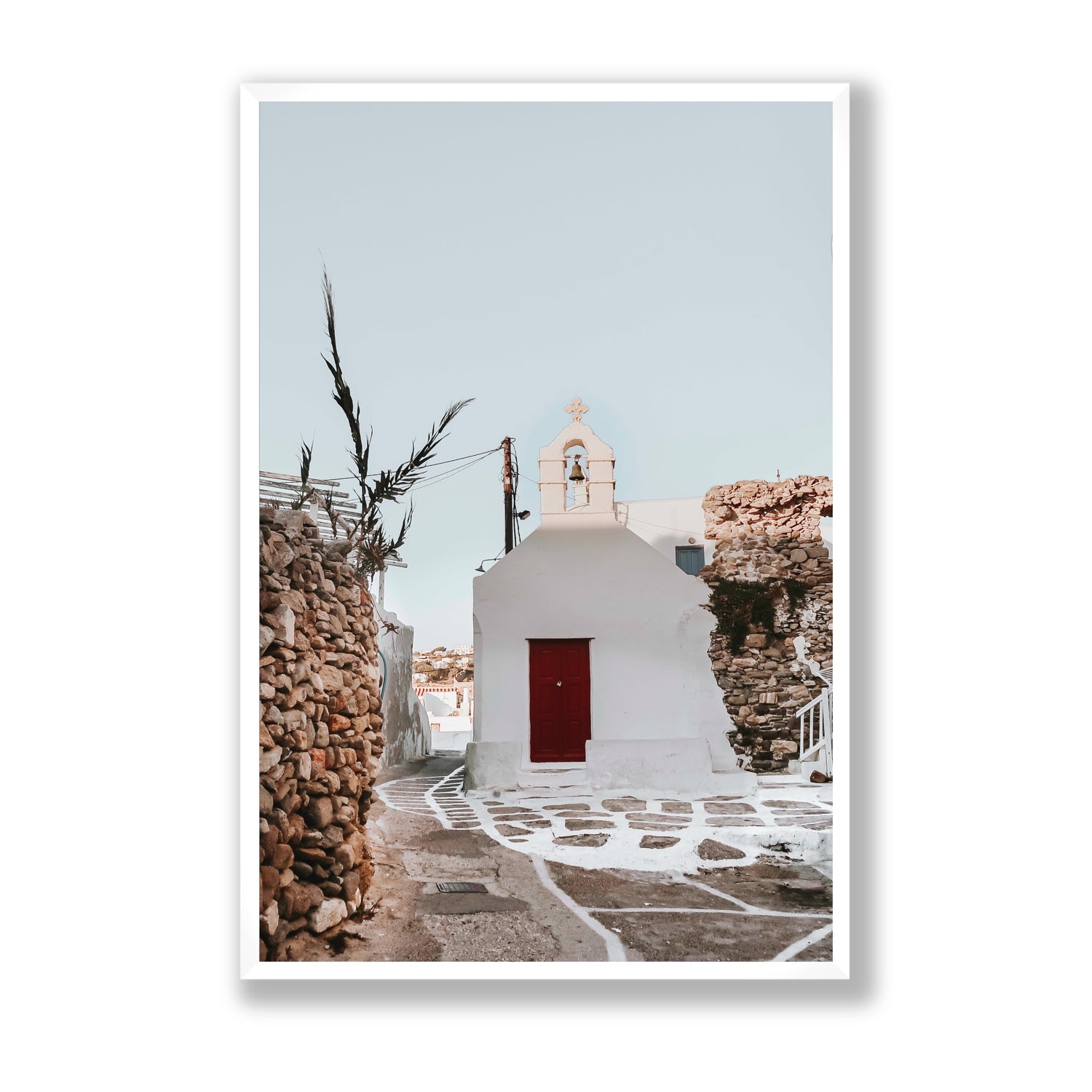 Little Chapel Mykonos Greek island wall art Statement full-bleed fine art print in white frame