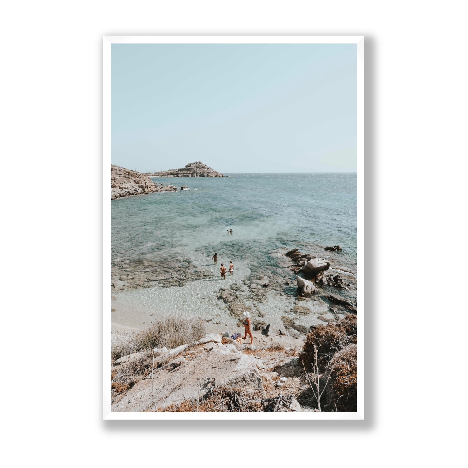 Explorers Mykonos Greek island wall art Statement full-bleed fine art print in white frame