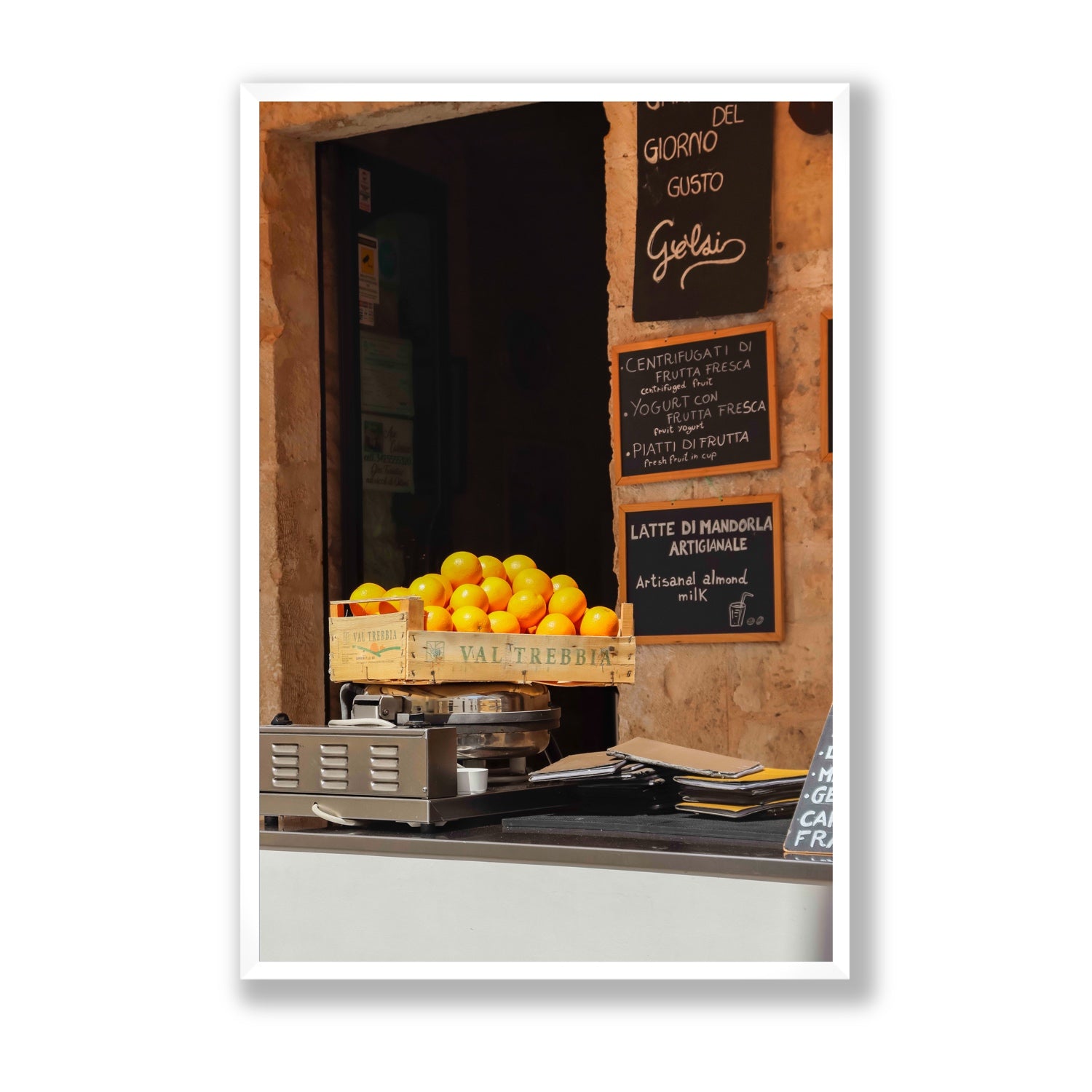 Luminous Citrus Puglia Ostuni Italian wall art Statement full-bleed fine art print in white frame