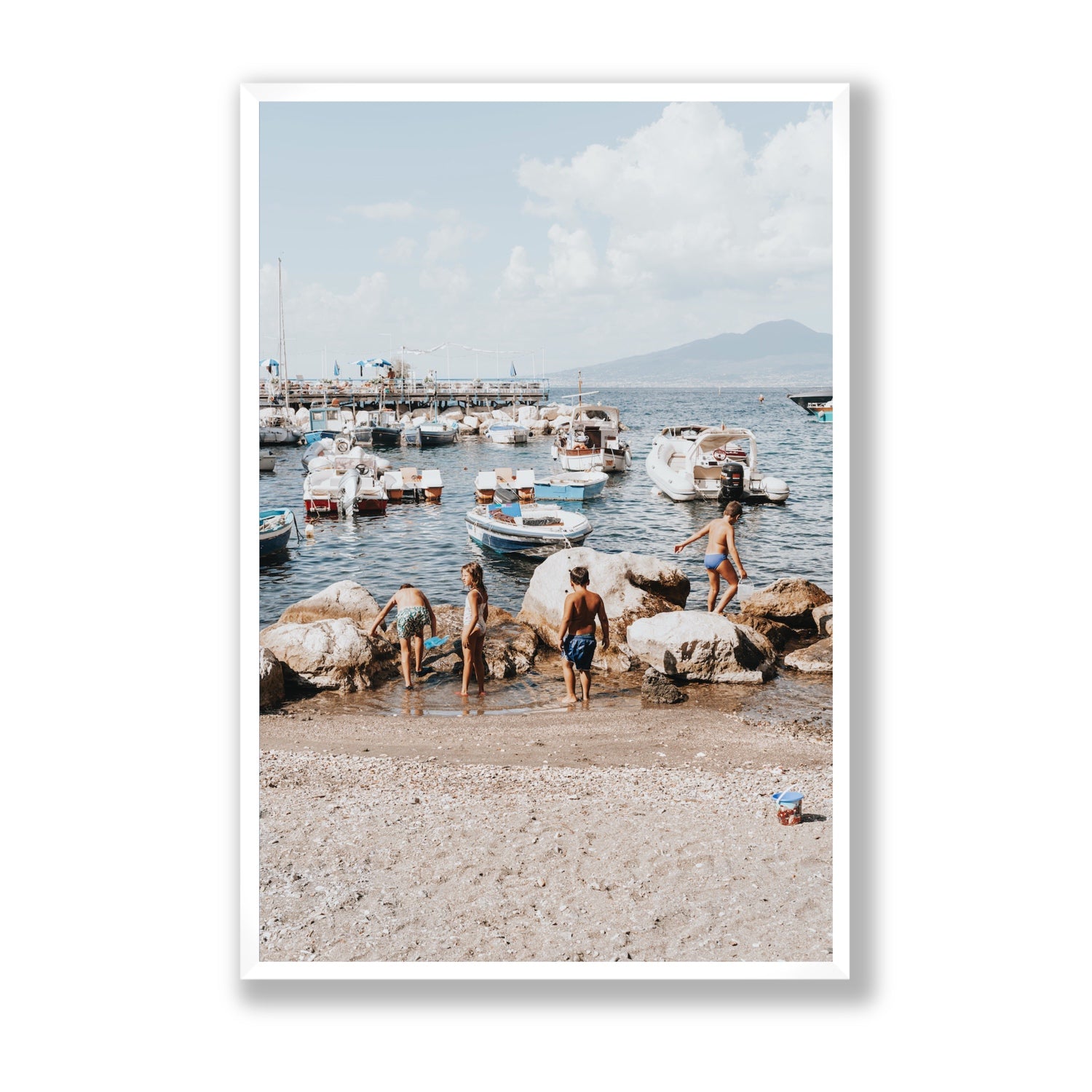 Searching For Treasures Sorrento coastal wall art Statement full-bleed fine art print in white frame