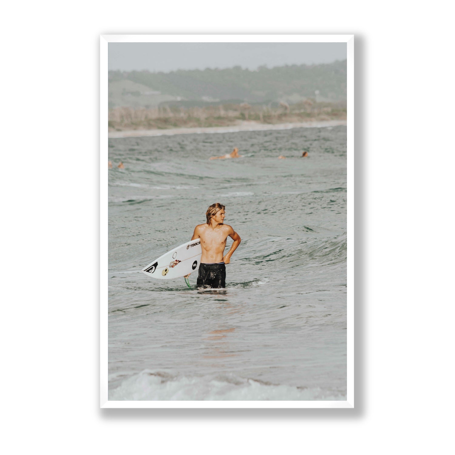 Chasing Mavericks Byron Bay Surf coastal wall art Statement full-bleed fine art print in white frame
