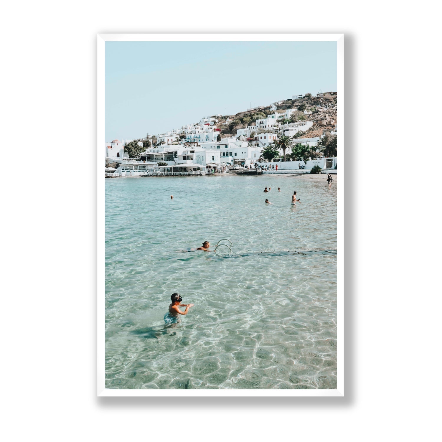 Beside The Seaside Mykonos beach Greek island wall art Statement full-bleed fine art print in white frame