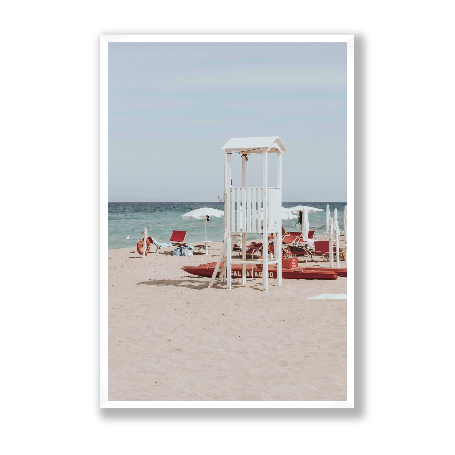 Barefoot Bliss Puglia beach Italian coastal decor wall art Statement full-bleed fine art print in white frame