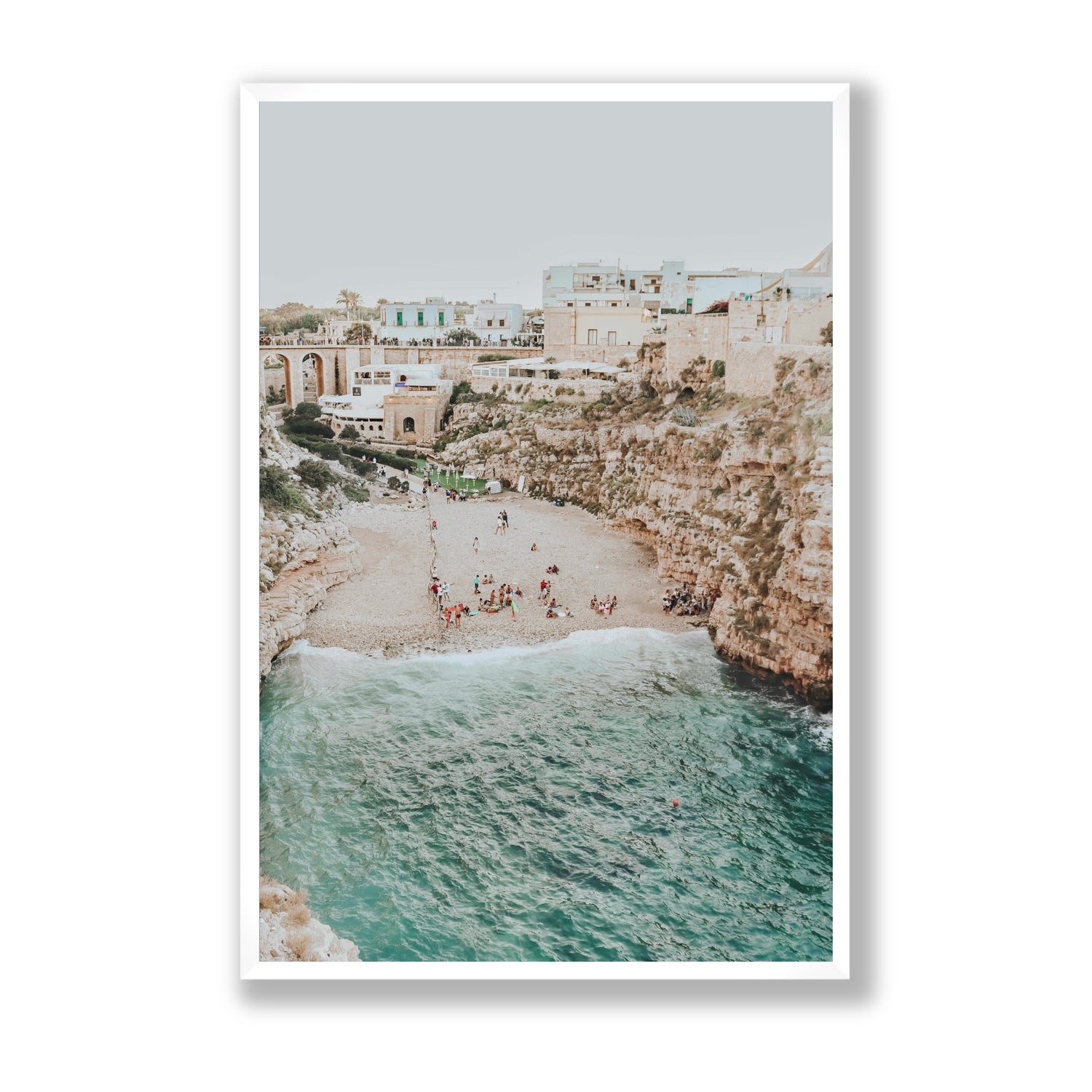 Polignano Vista Puglia coastal Italian beach fine art print Statement full-bleed fine art print in white frame