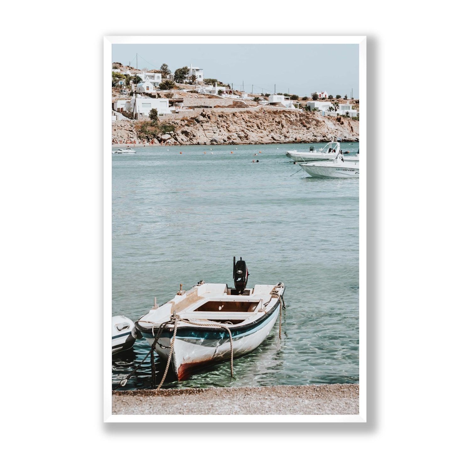 Classic Wheels Mykonos Greek island wall art Statement full-bleed fine art print in white frame
