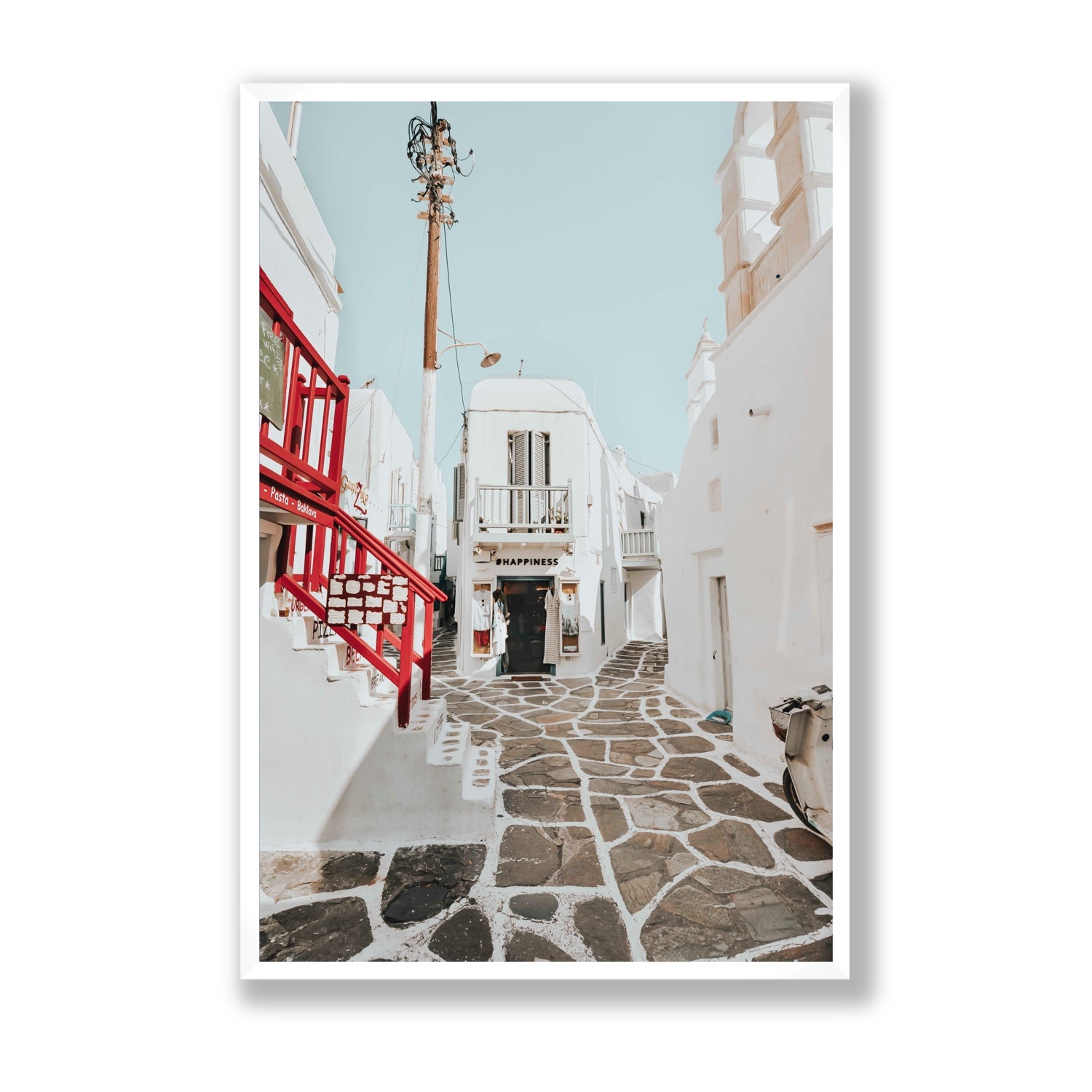Happiness Mykonos Greek island wall art Statement full-bleed fine art print in white frame